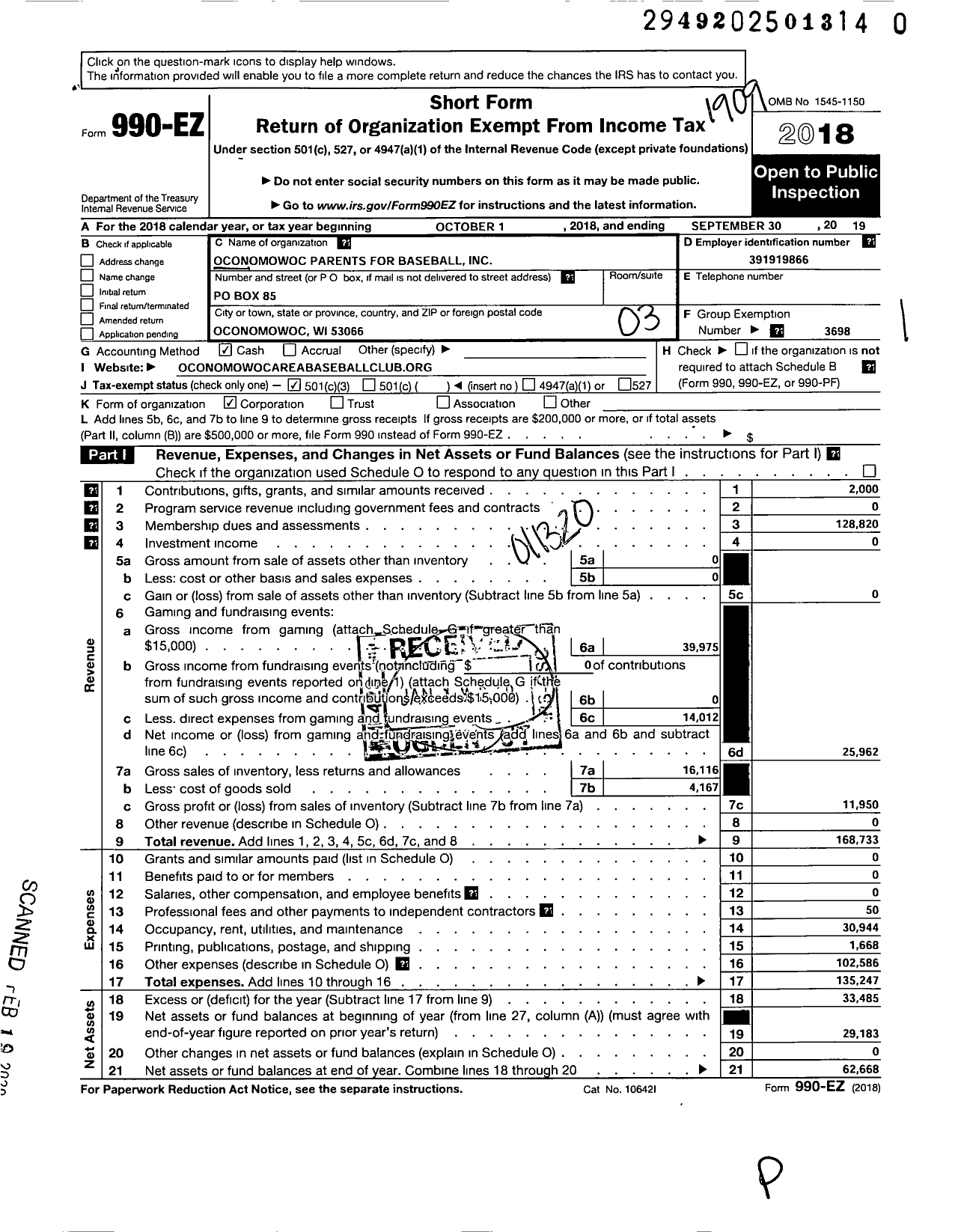 Image of first page of 2018 Form 990EZ for Oconomowoc Area Baseball Club