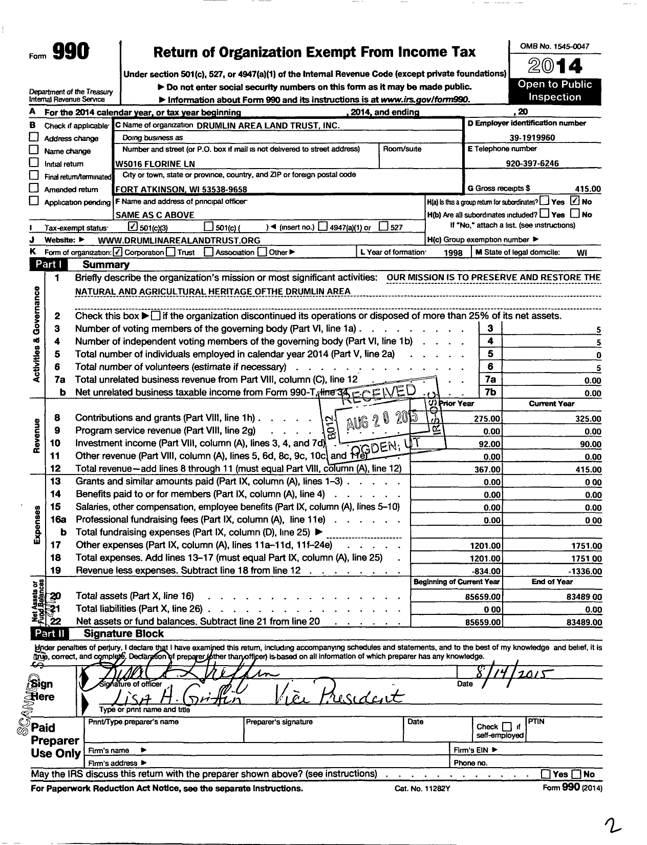 Image of first page of 2014 Form 990 for Drumlin Area Land Trust