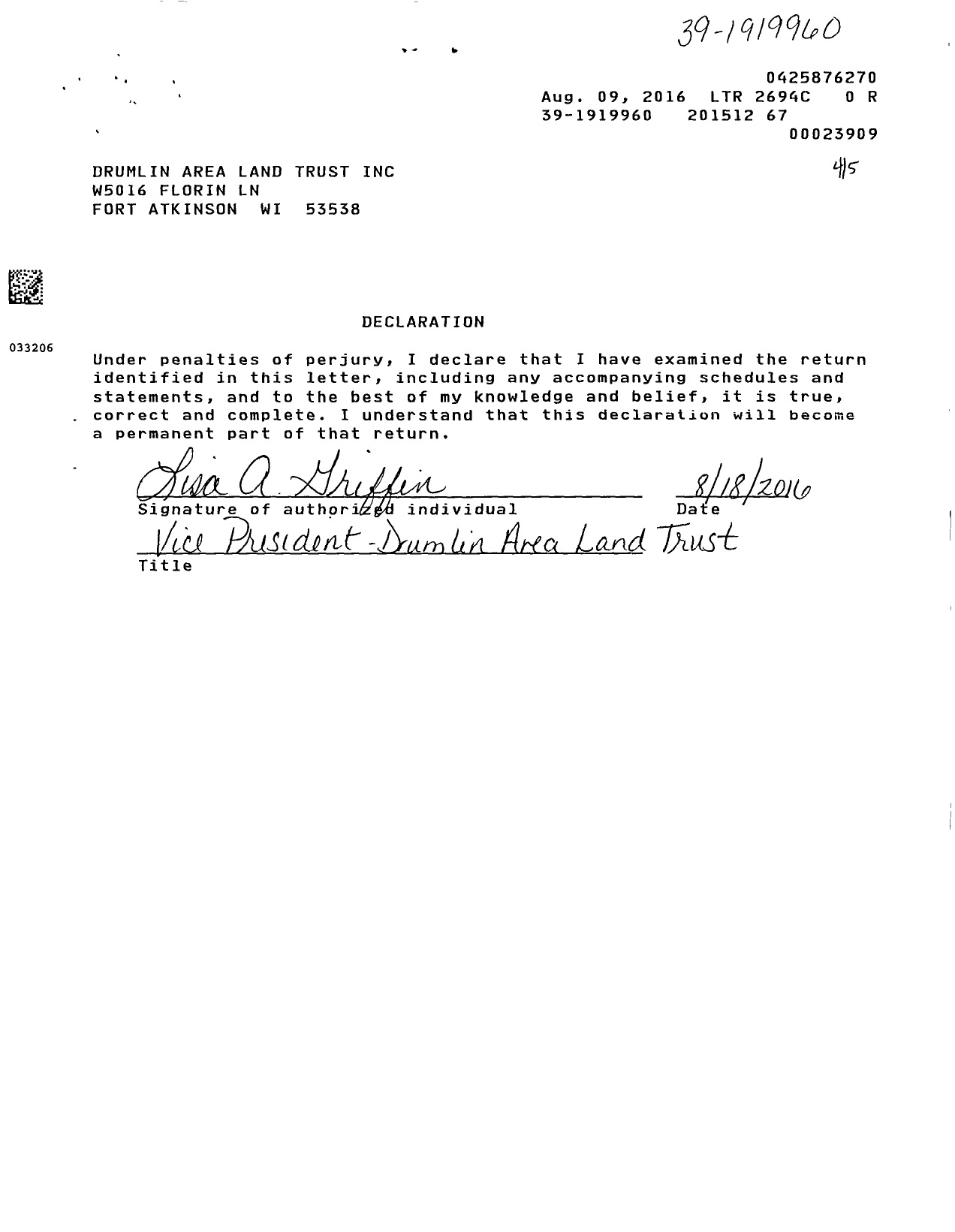 Image of first page of 2015 Form 990R for Drumlin Area Land Trust