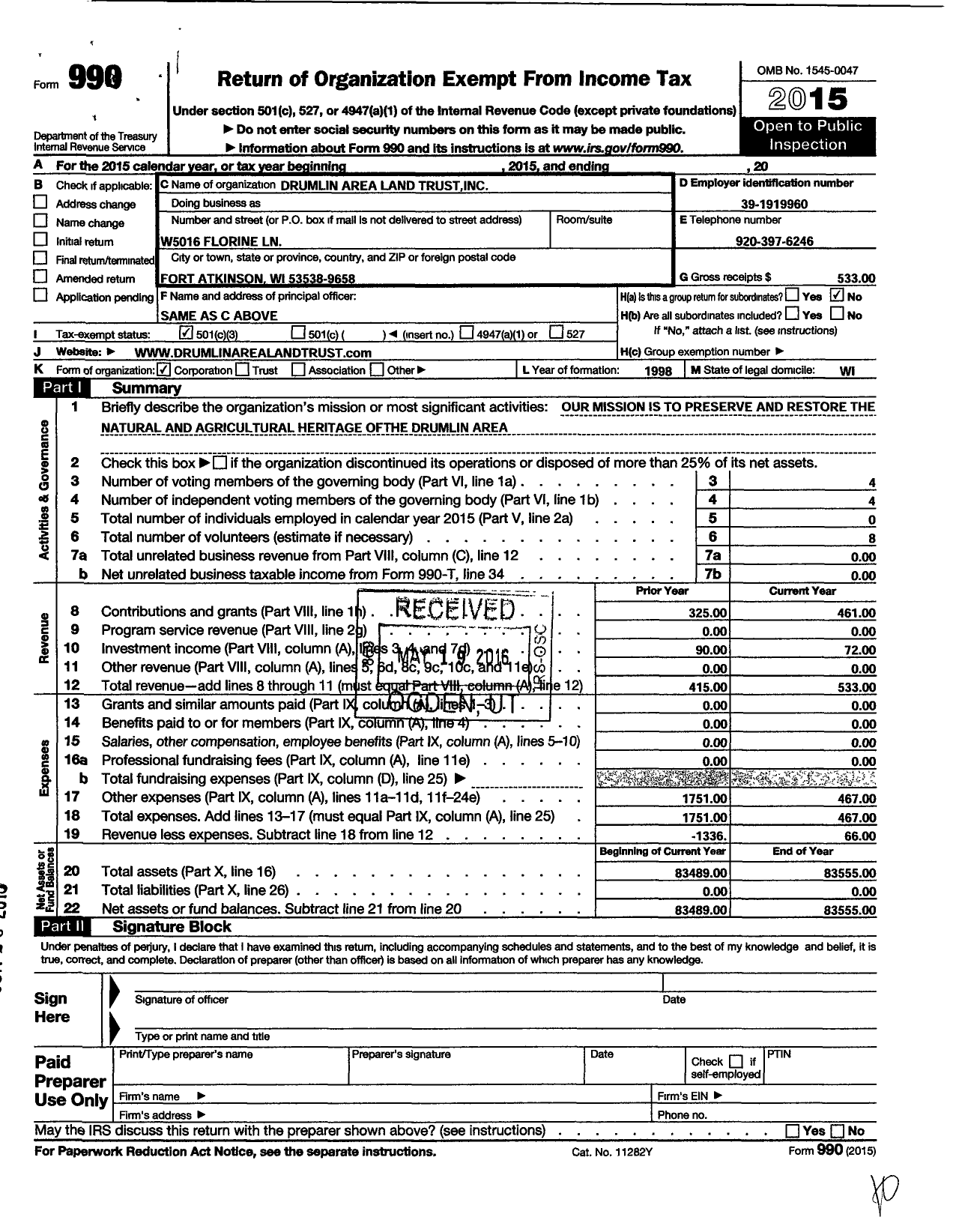 Image of first page of 2015 Form 990 for Drumlin Area Land Trust