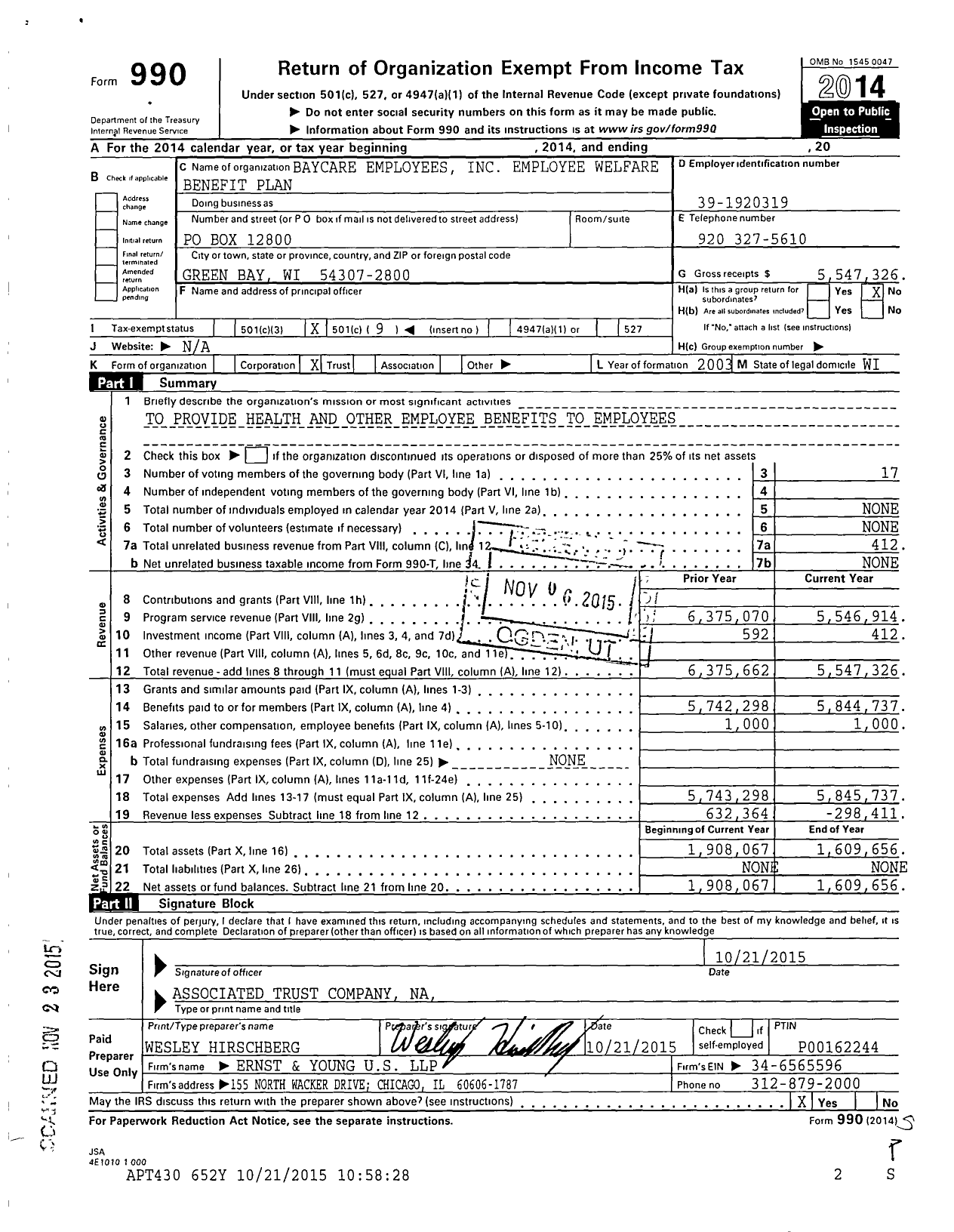 Image of first page of 2014 Form 990O for Baycare Employees Employee Welfare