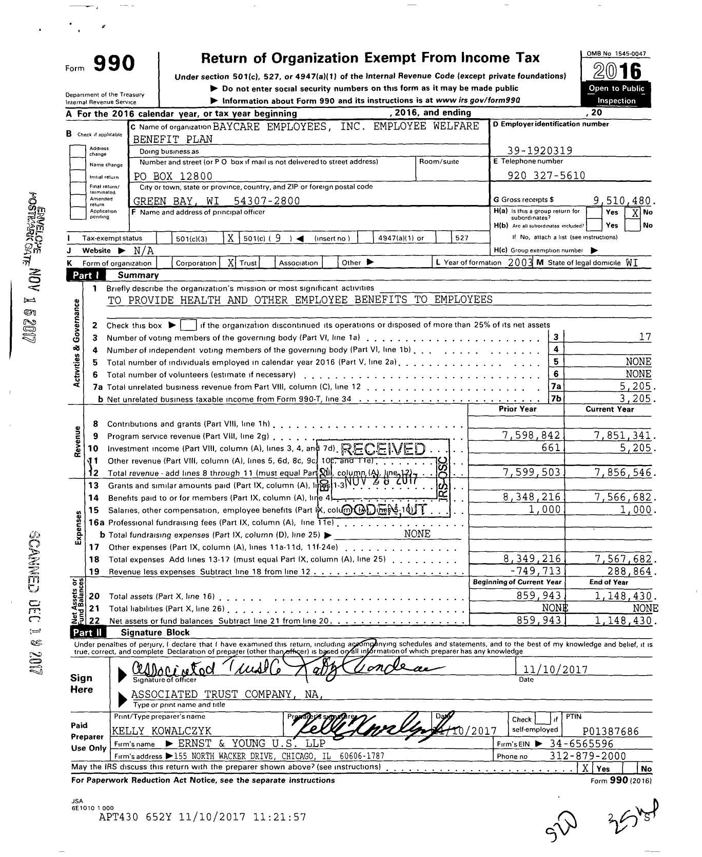 Image of first page of 2016 Form 990O for Baycare Employees Employee Welfare