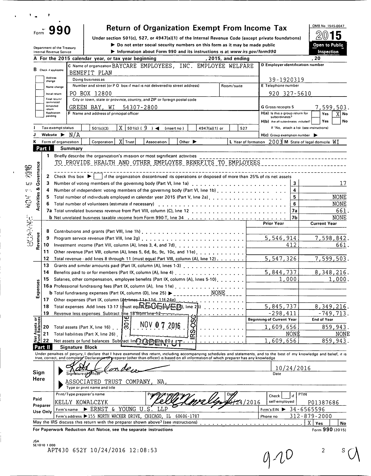 Image of first page of 2015 Form 990O for Baycare Employees Employee Welfare