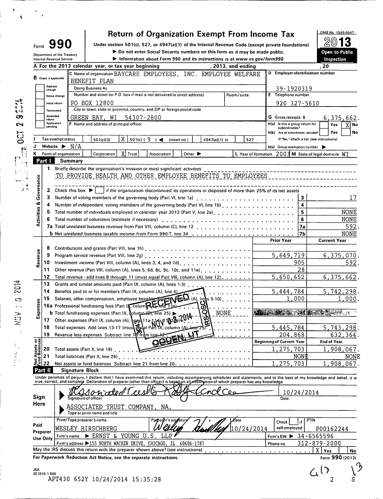 Image of first page of 2013 Form 990O for Baycare Employees Employee Welfare