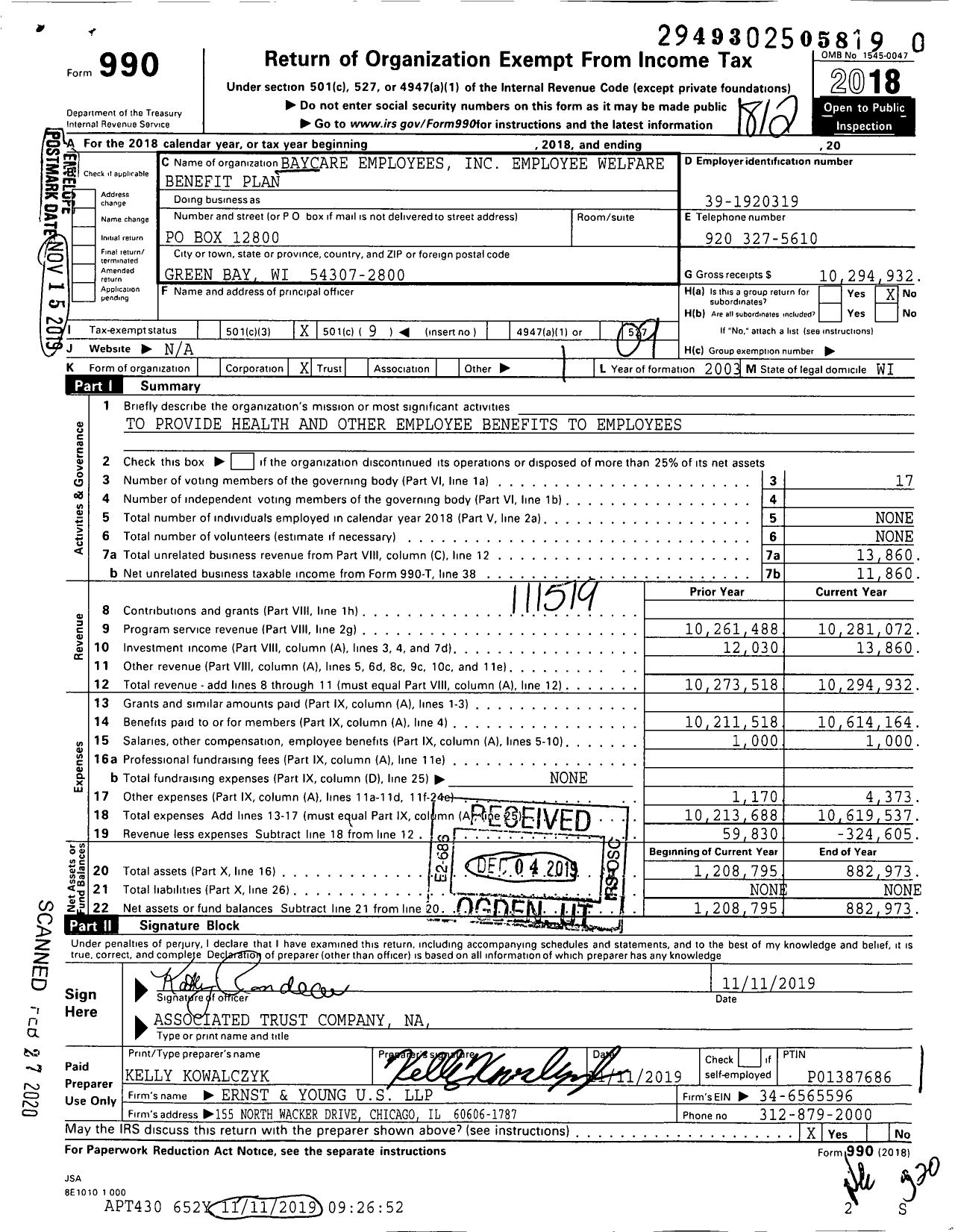 Image of first page of 2018 Form 990O for Baycare Employees Employee Welfare