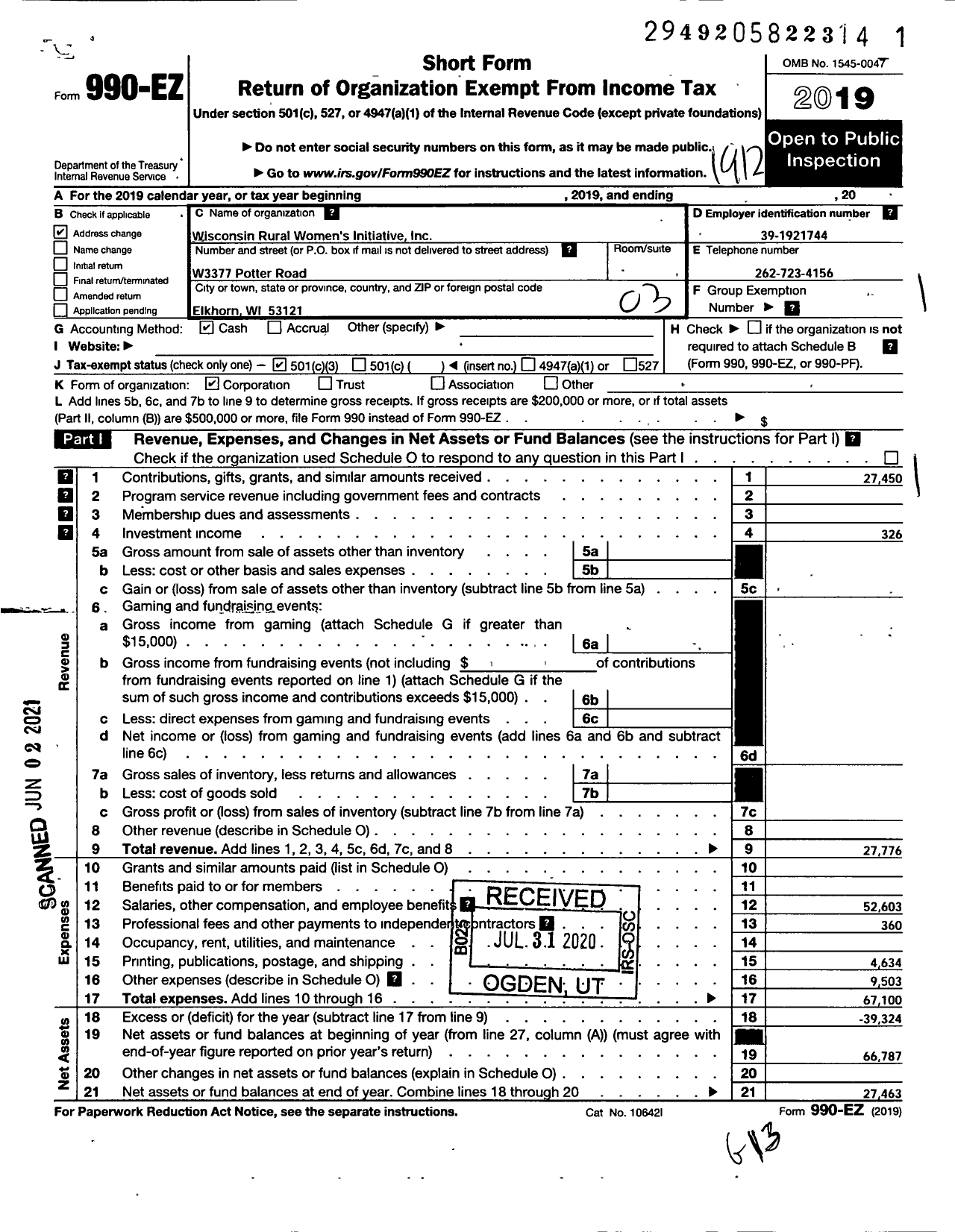 Image of first page of 2019 Form 990EZ for Wisconsin Rural Womens Initiative