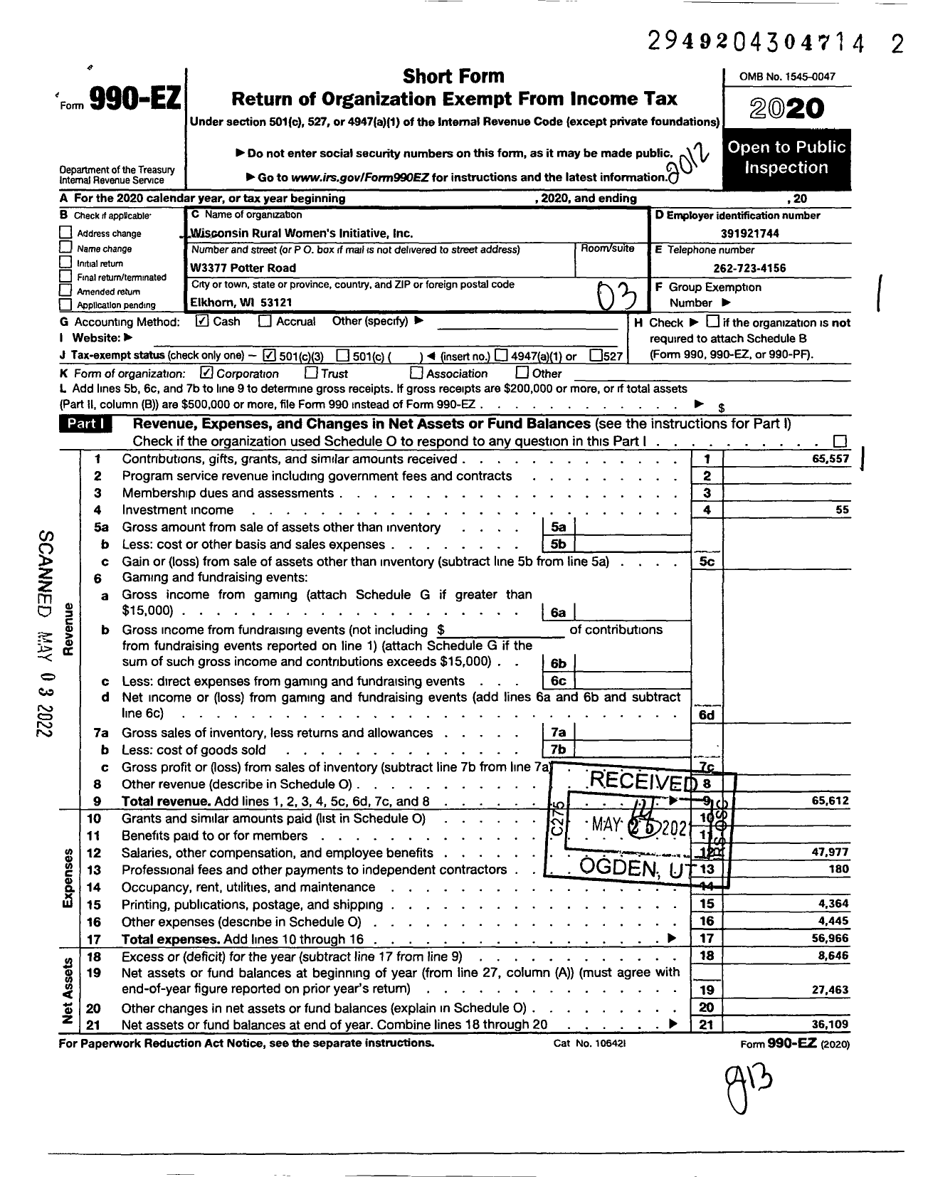 Image of first page of 2020 Form 990EZ for Wisconsin Rural Womens Initiative