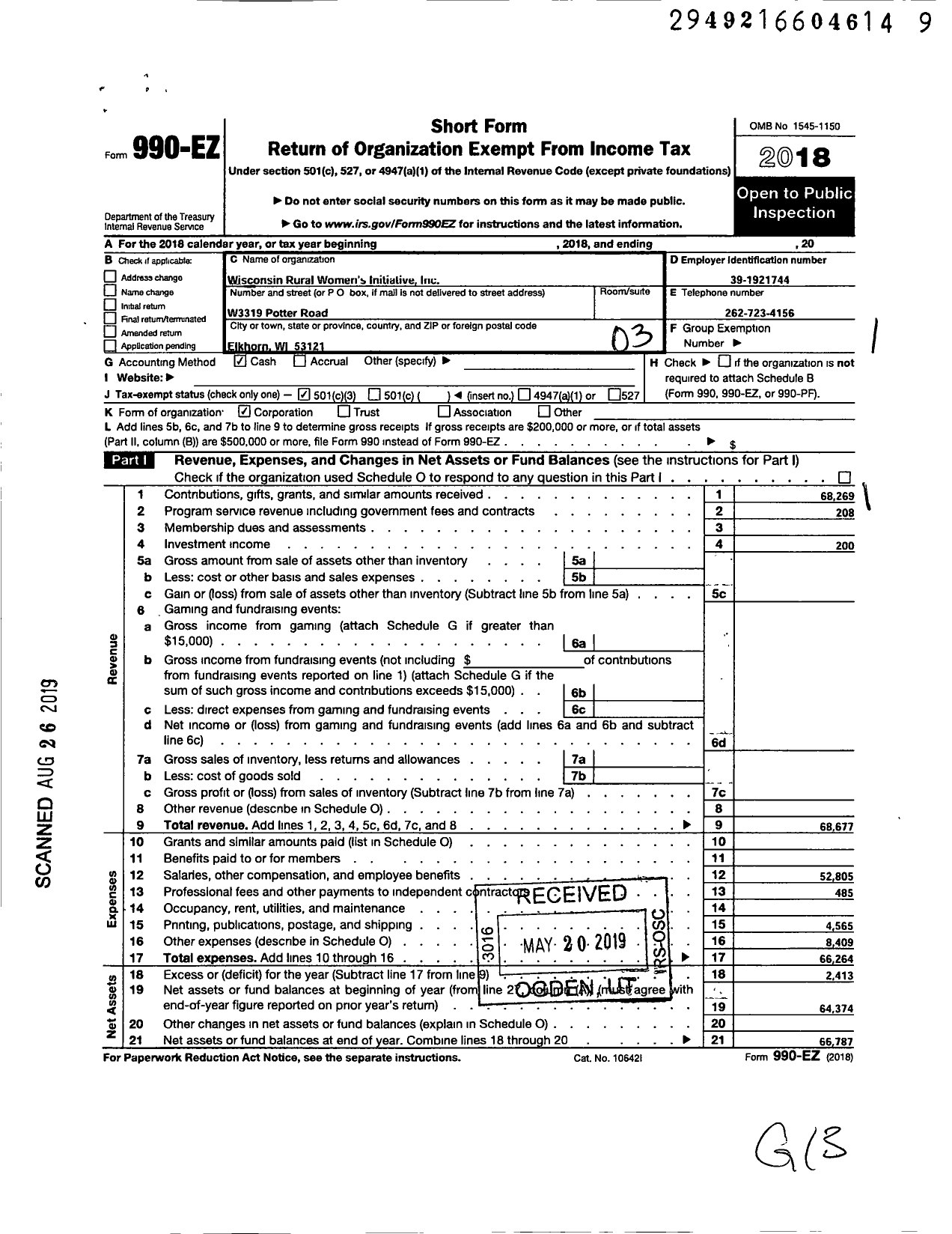 Image of first page of 2018 Form 990EZ for Wisconsin Rural Womens Initiative