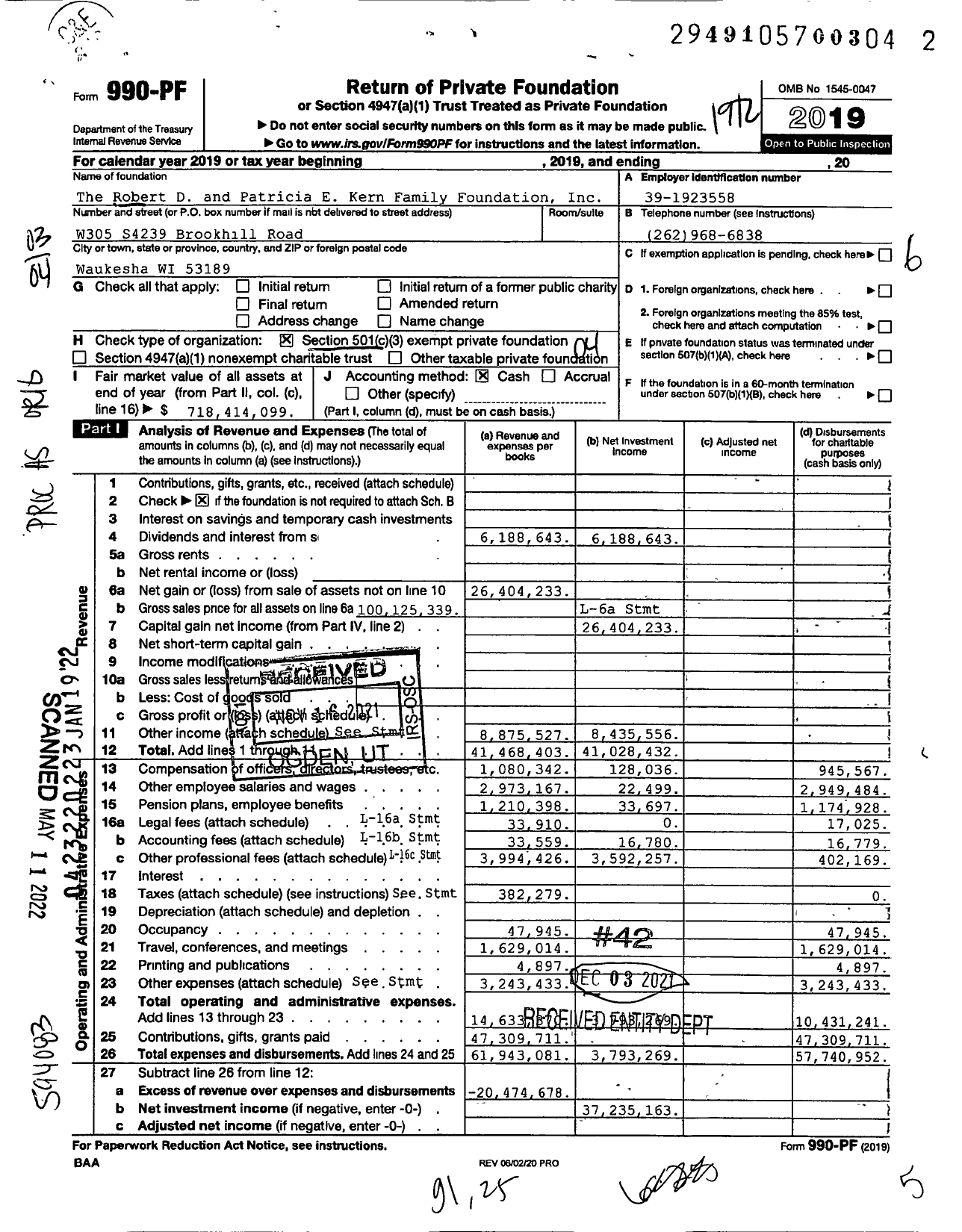 Image of first page of 2019 Form 990PF for The Robert D and Patricia E Kern Family Foundation