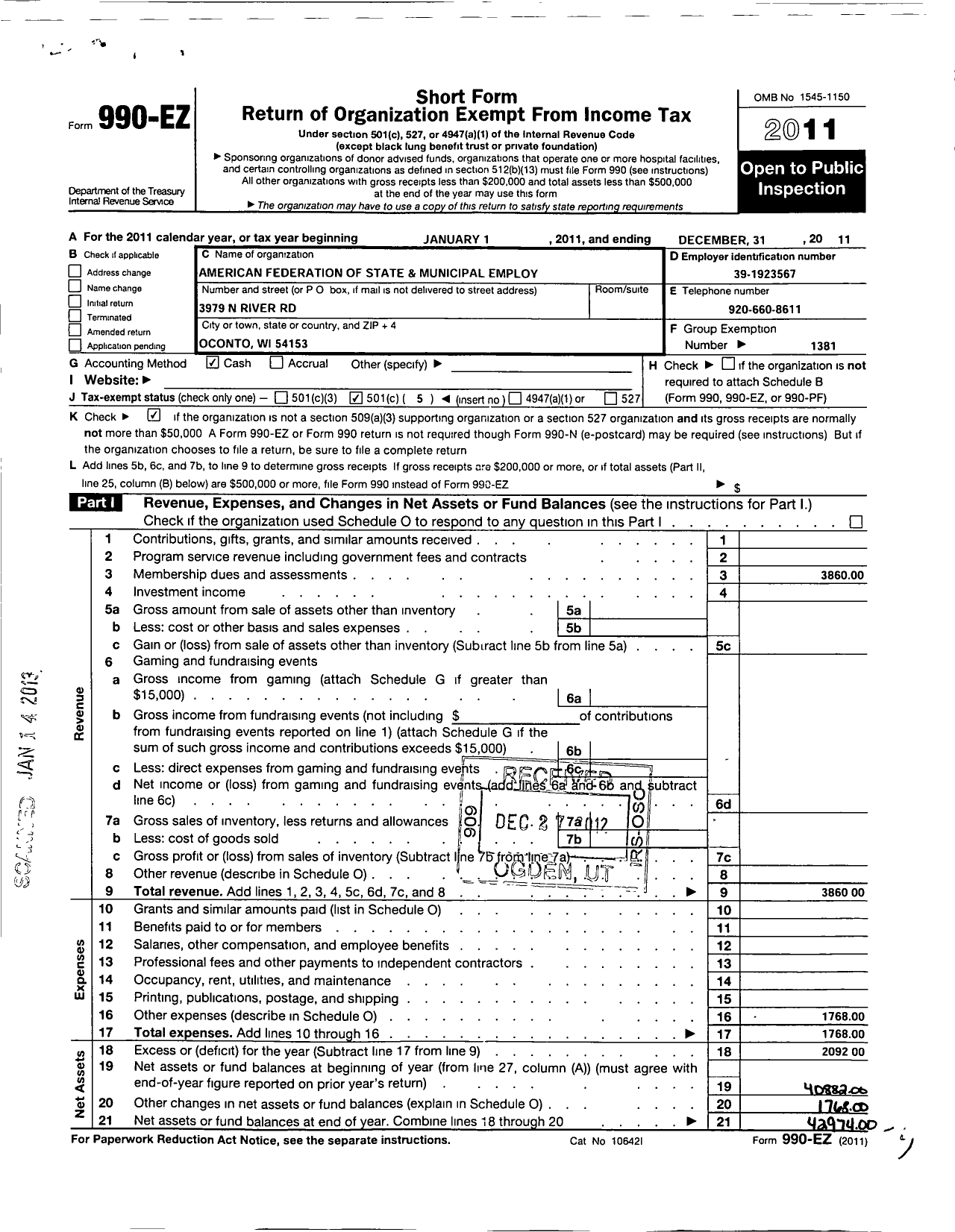 Image of first page of 2011 Form 990EO for American Federation of State County and Municipal Employees