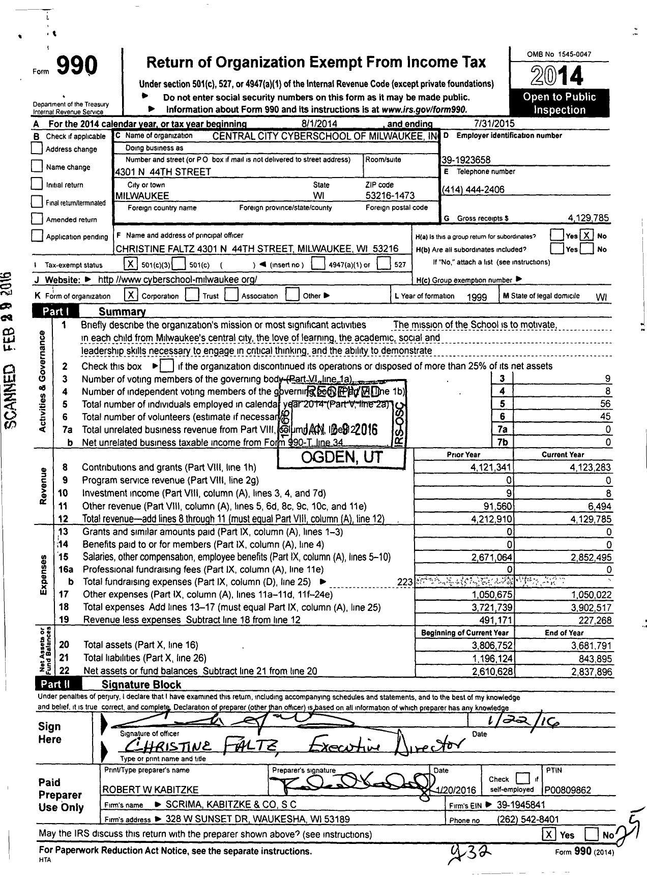 Image of first page of 2014 Form 990 for Central City Cyberschool of Milwaukee