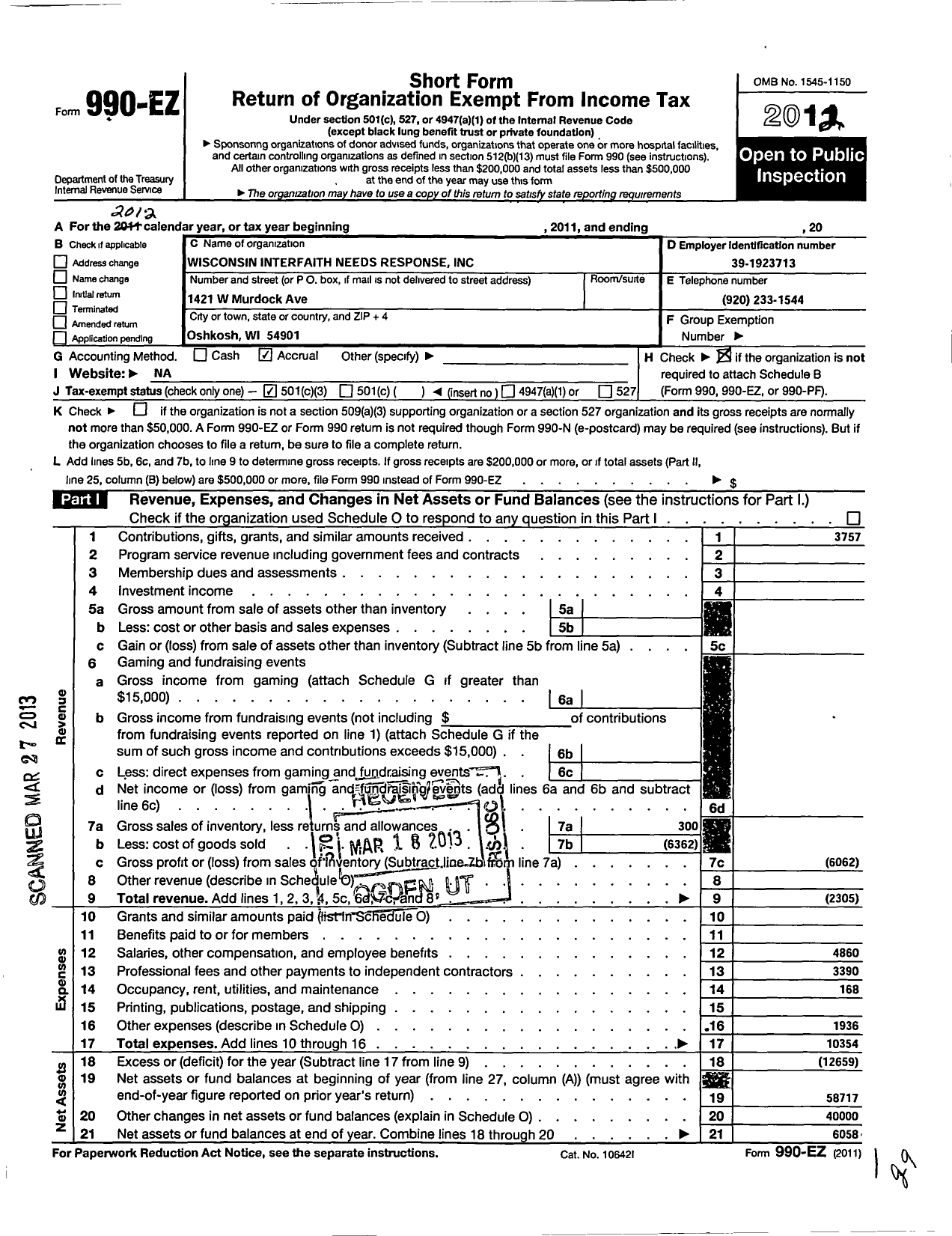 Image of first page of 2012 Form 990EZ for Wisconsin Interfaith Needs Response