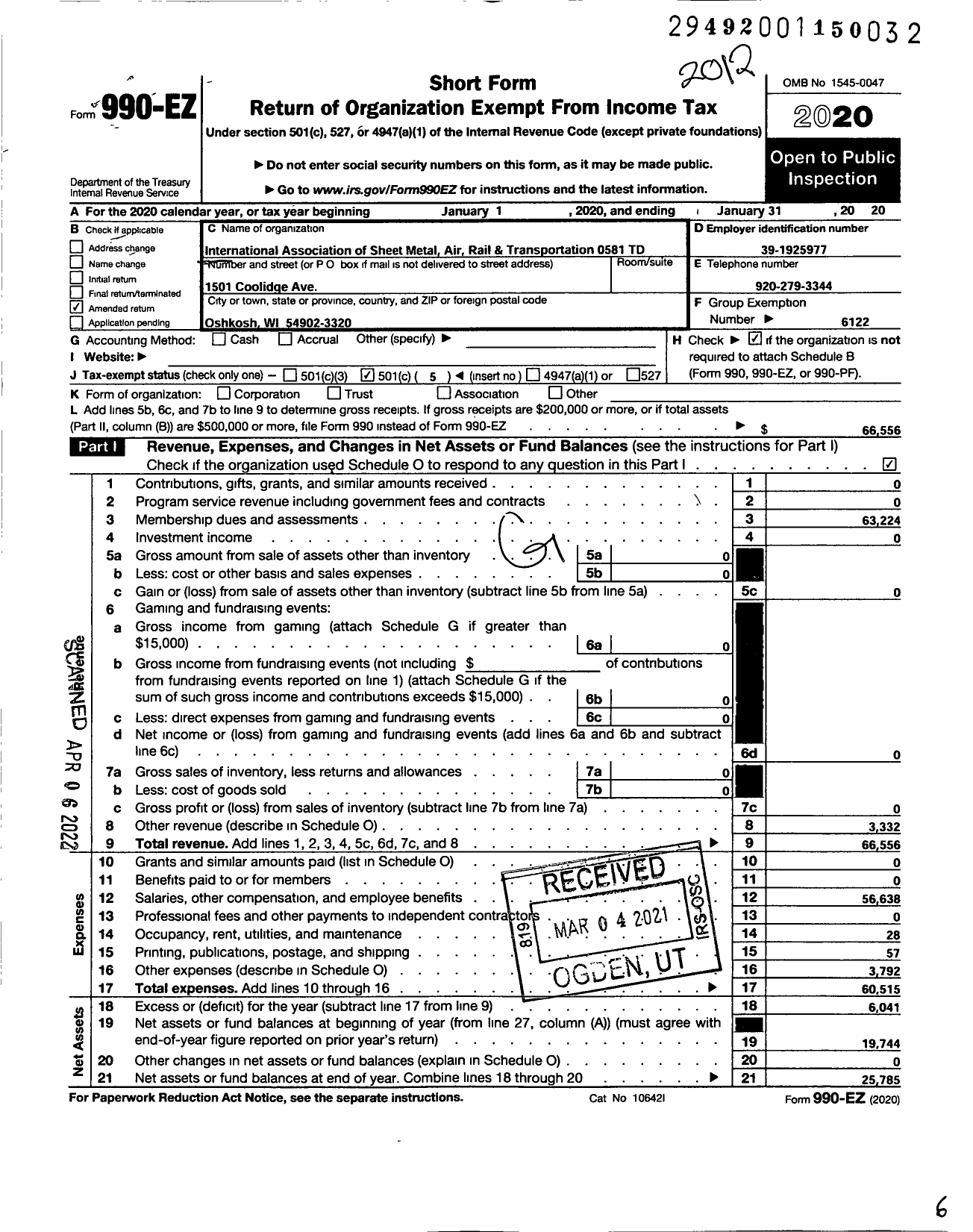 Image of first page of 2020 Form 990EO for Smart Union - 581 TD