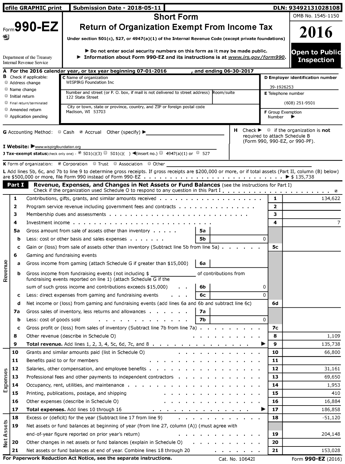 Image of first page of 2016 Form 990EZ for WISPIRG Foundation