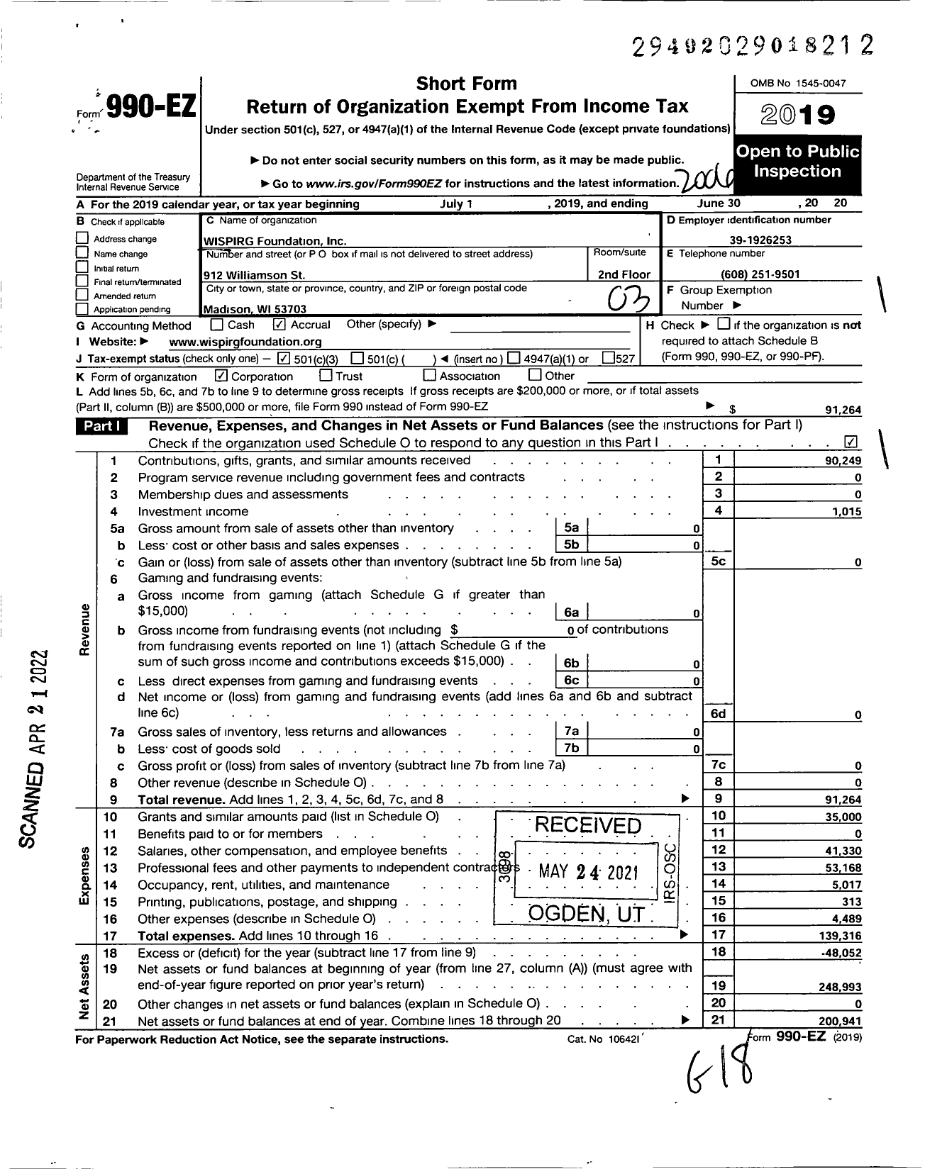 Image of first page of 2019 Form 990EZ for WISPIRG Foundation