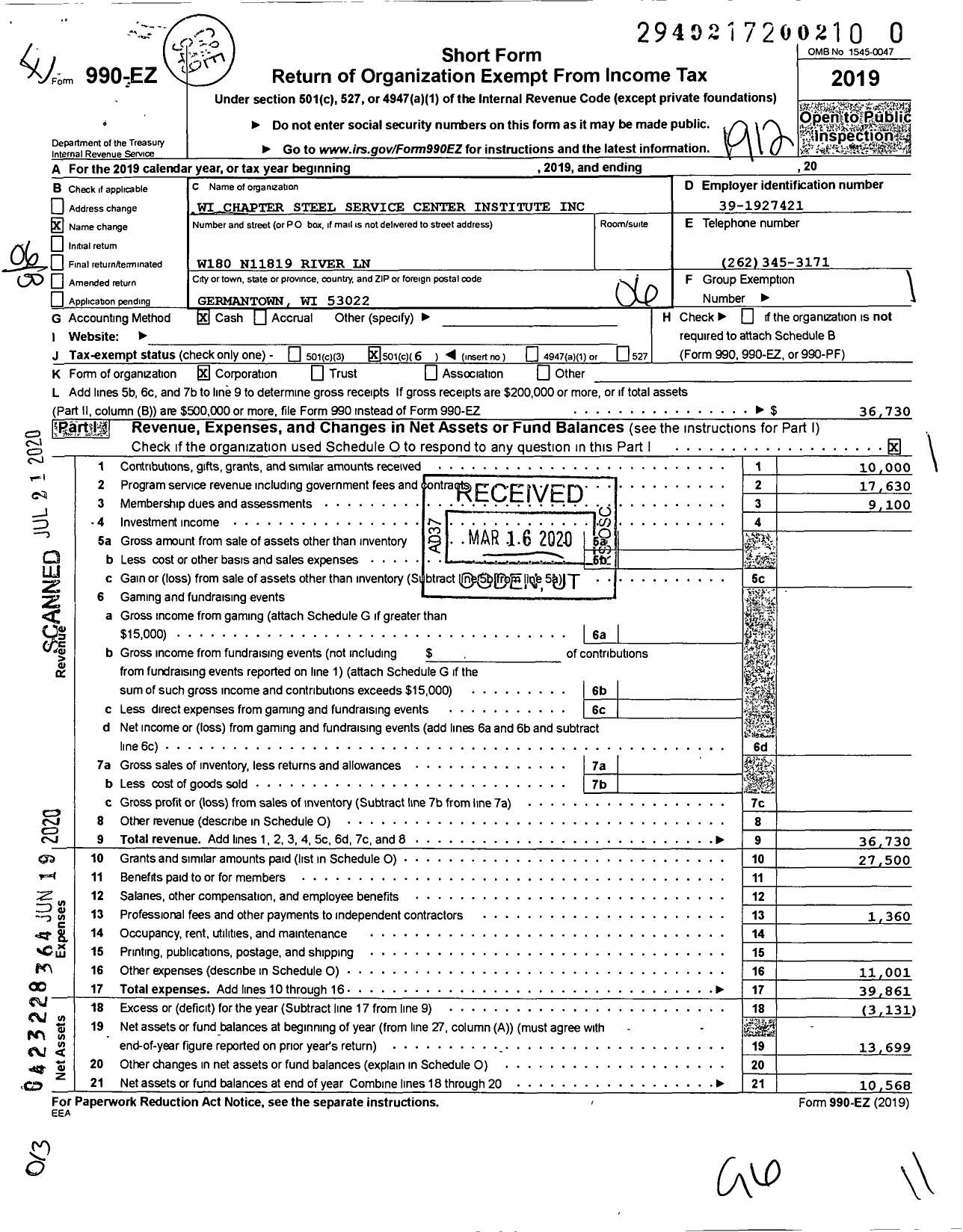 Image of first page of 2019 Form 990EO for Wisconsin Chapter Steel Service Center Institute