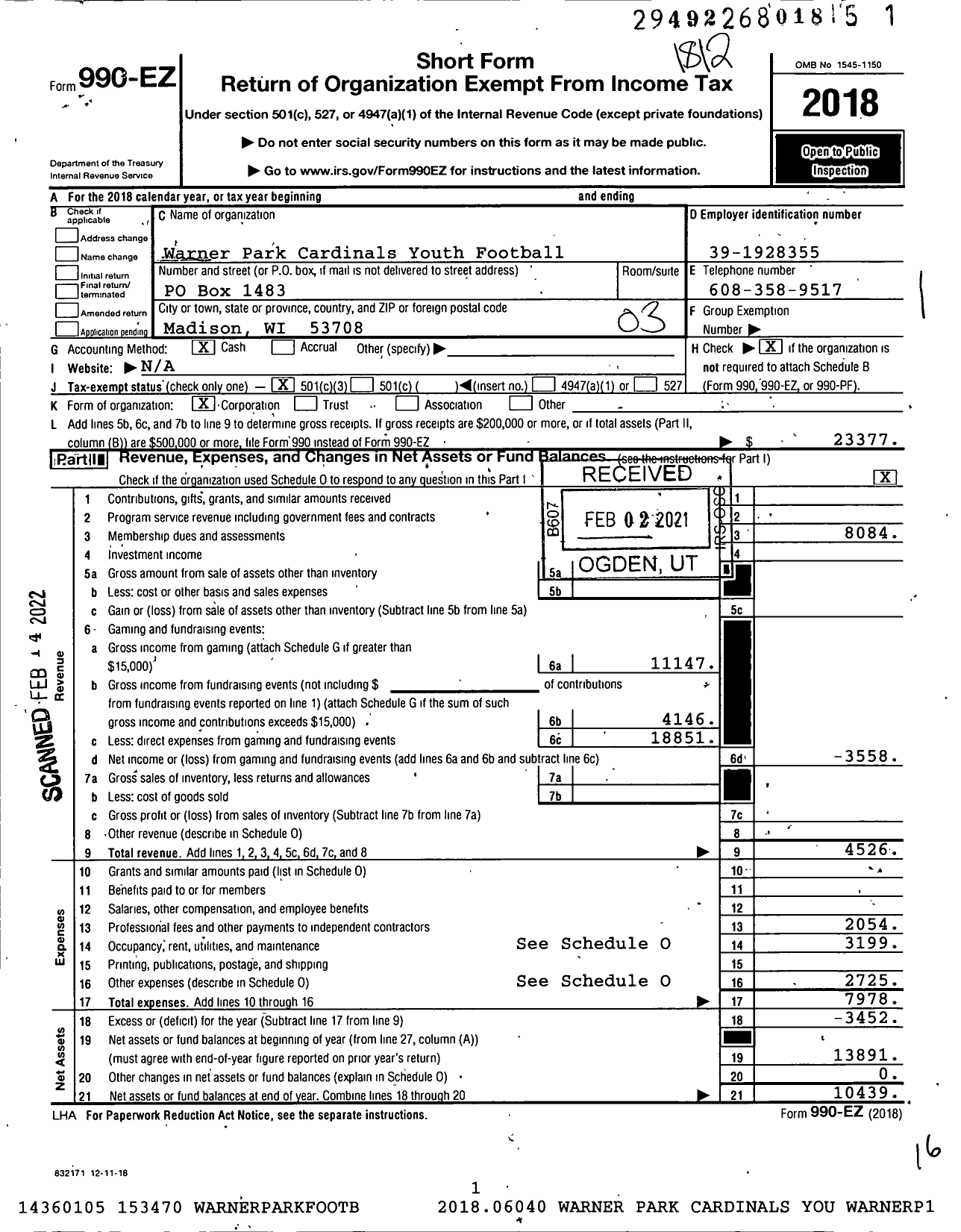 Image of first page of 2018 Form 990EZ for Warner Park Cardinals Youth Football