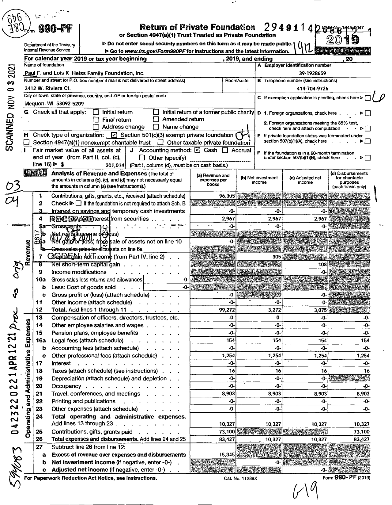 Image of first page of 2019 Form 990PF for Paul F and Lois K Heiss Family Foundation