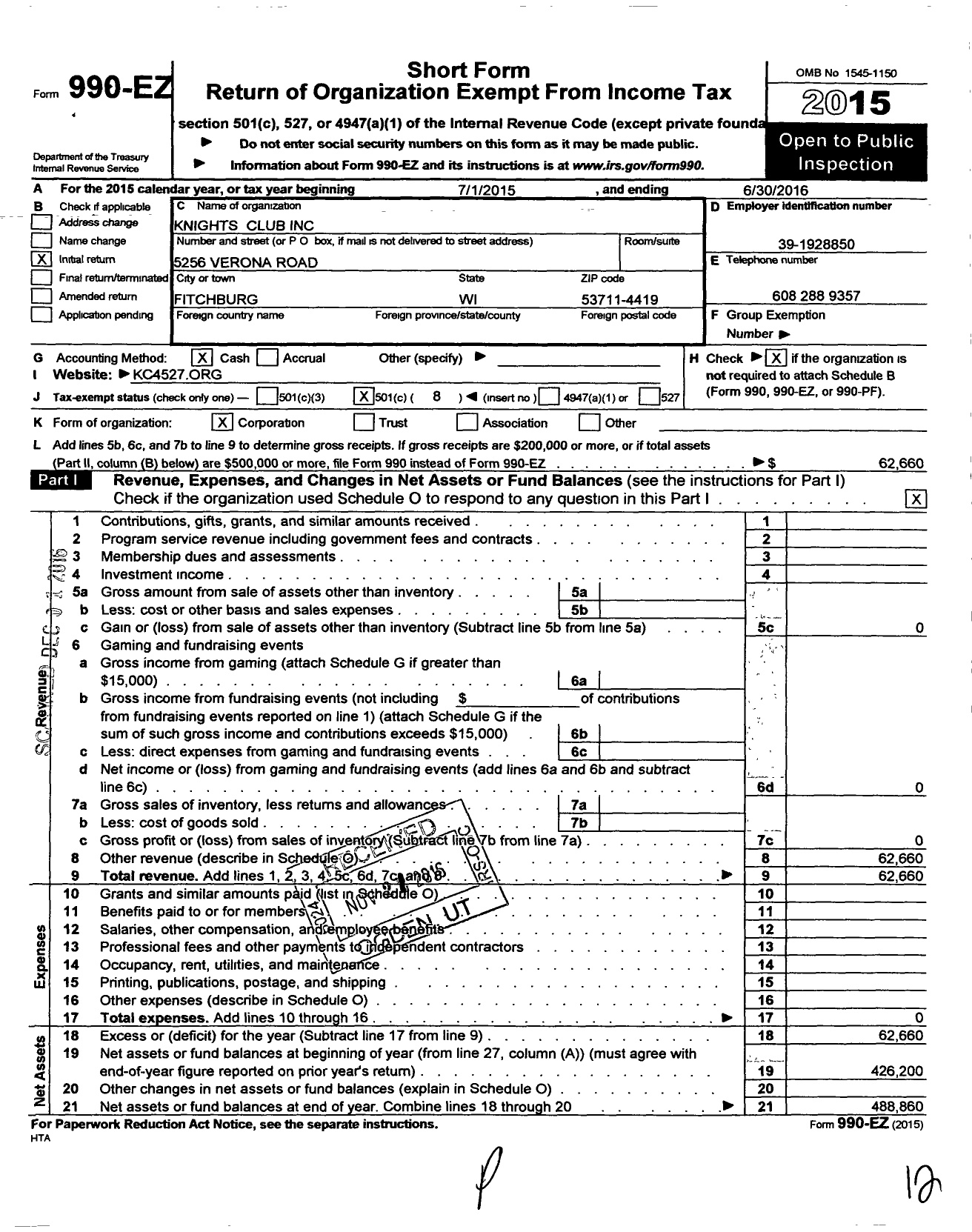 Image of first page of 2015 Form 990EO for Knights Club