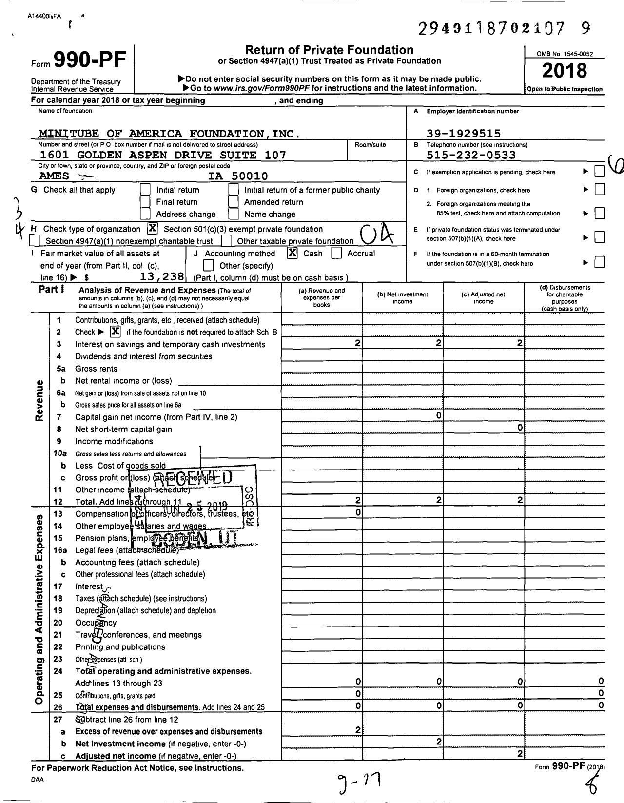 Image of first page of 2018 Form 990PF for Minitube of America Foundation