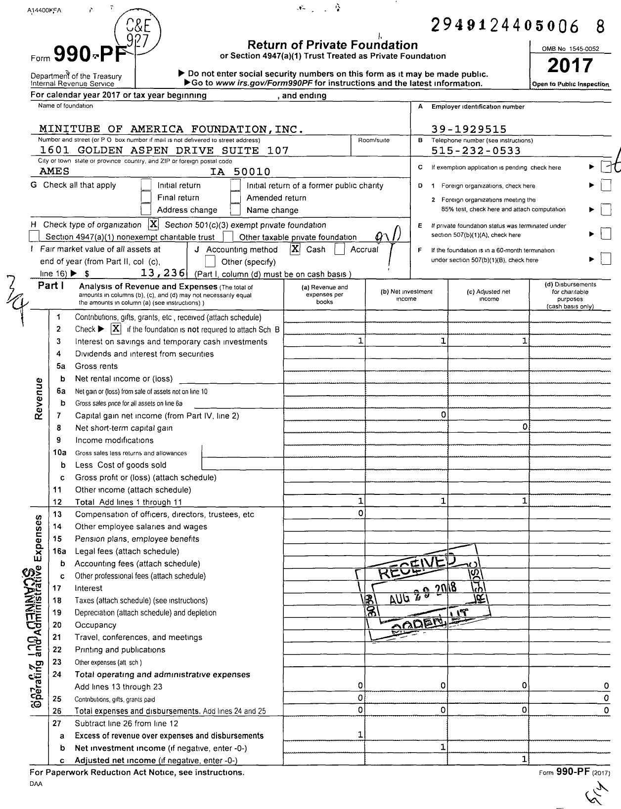 Image of first page of 2017 Form 990PF for Minitube of America Foundation