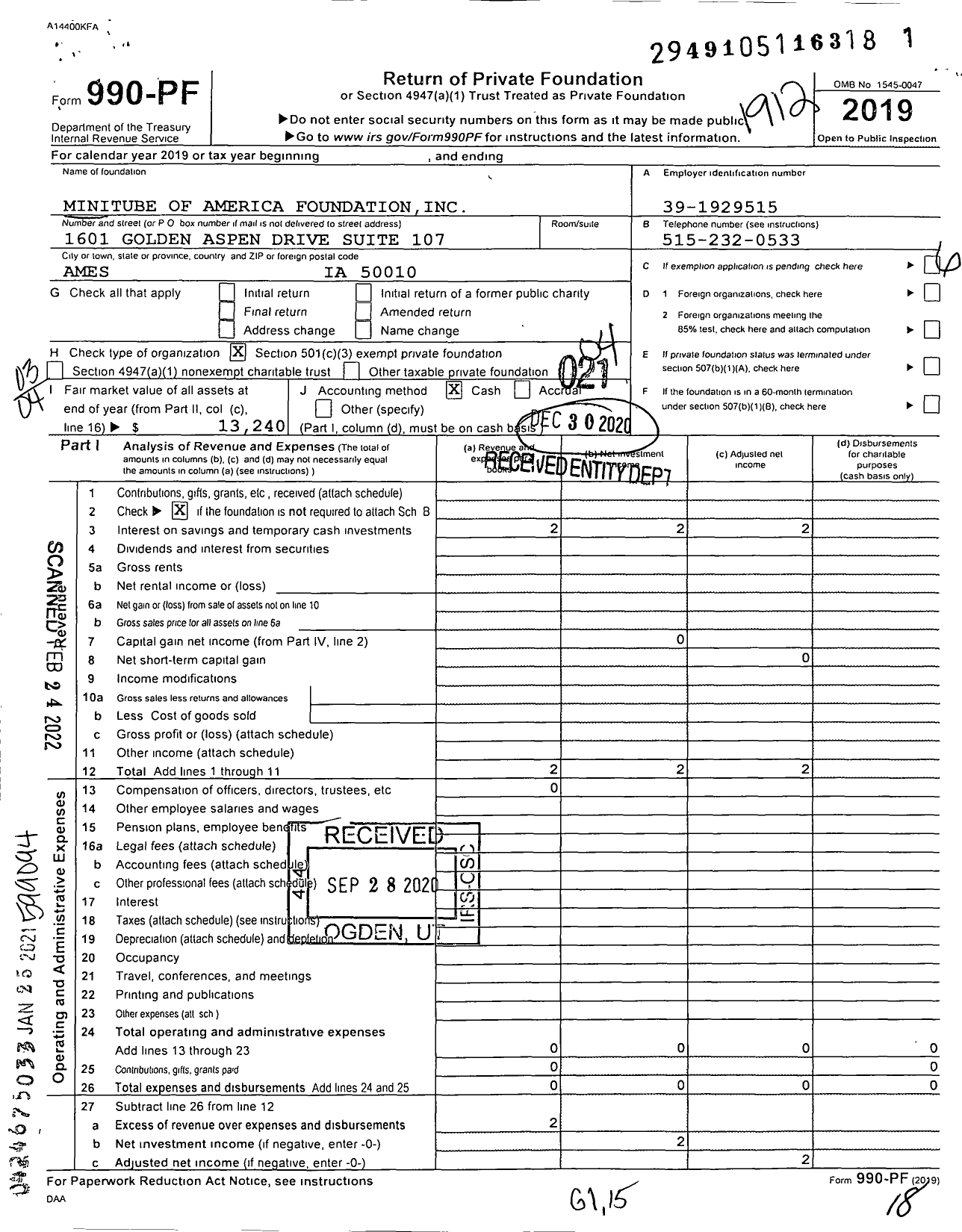 Image of first page of 2019 Form 990PF for Minitube of America Foundation