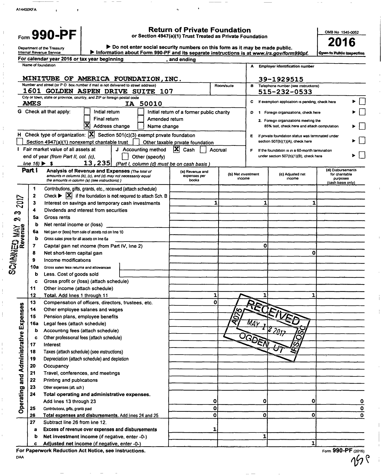 Image of first page of 2016 Form 990PF for Minitube of America Foundation