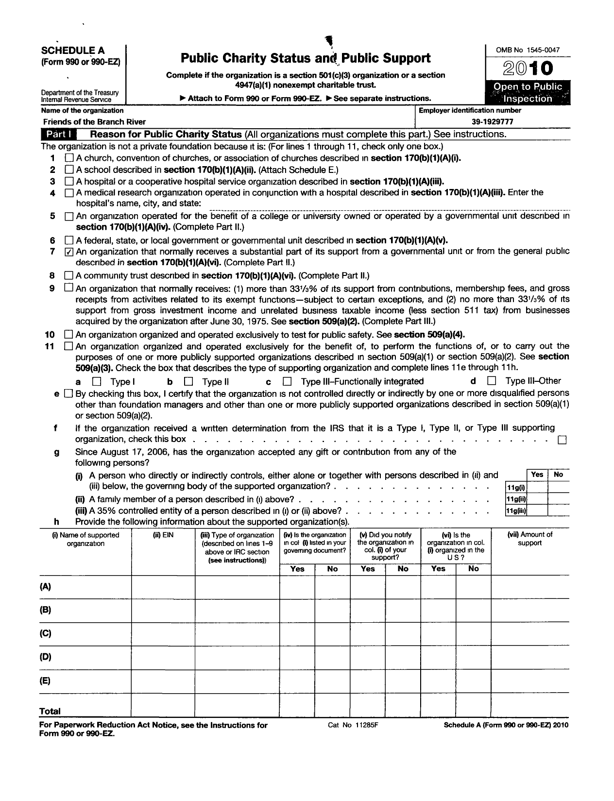 Image of first page of 2010 Form 990ER for Friends of the Branch River