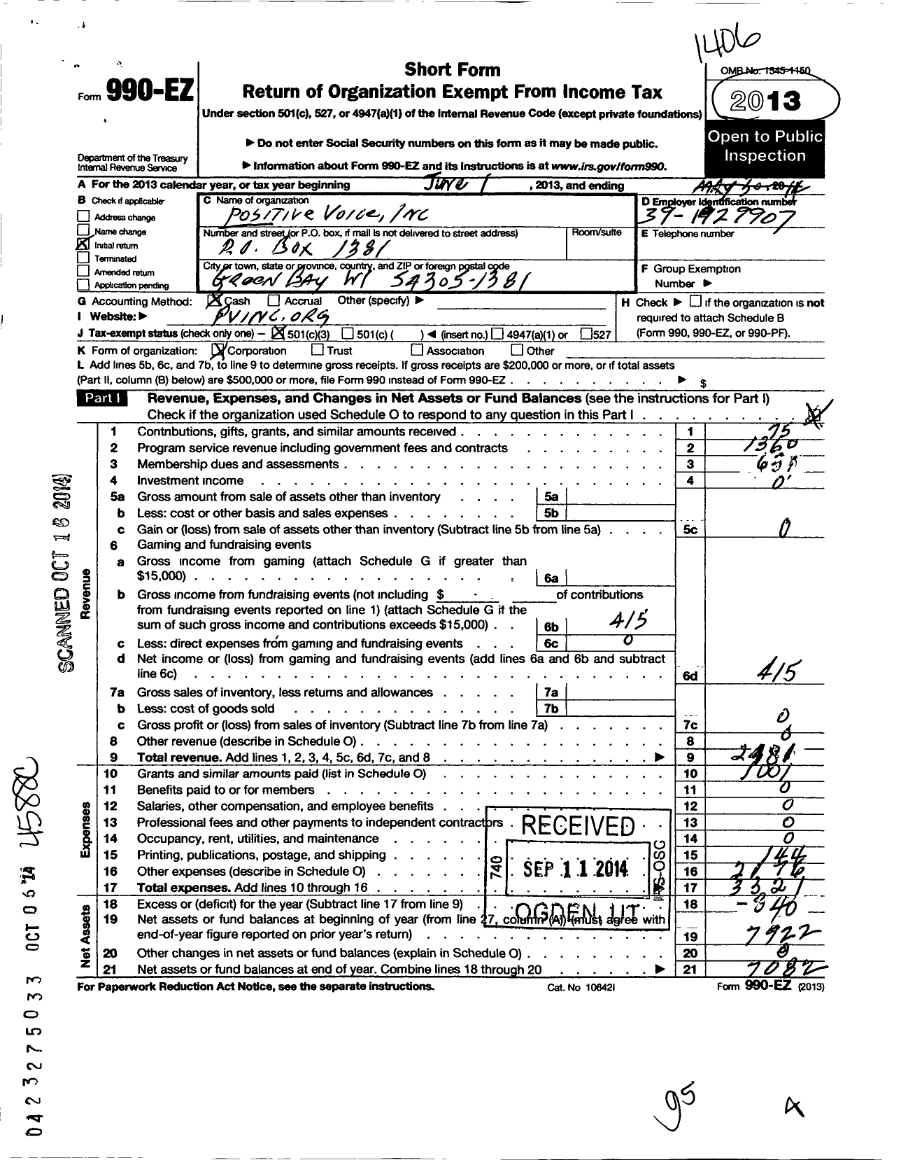 Image of first page of 2013 Form 990EZ for Positive Voice