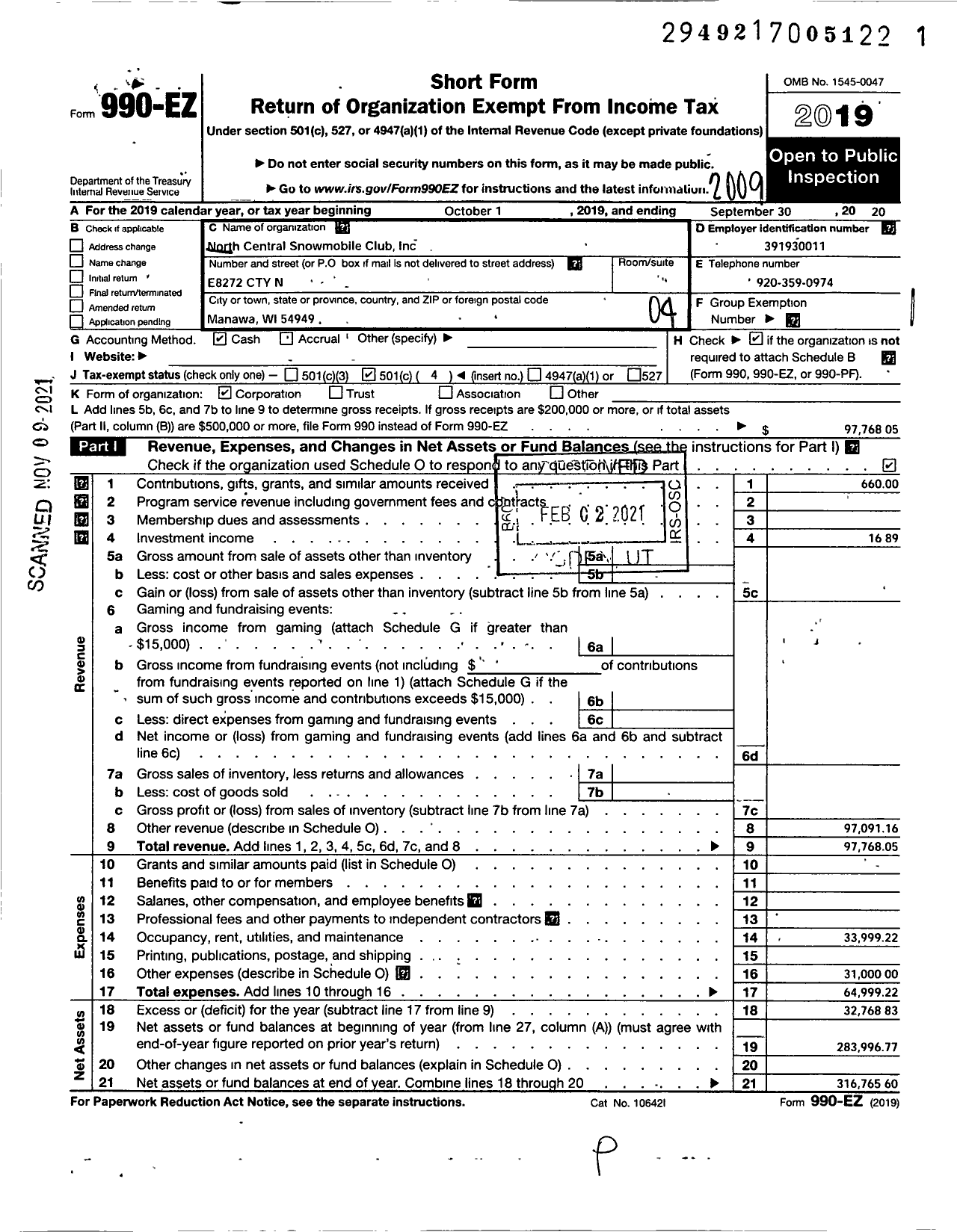 Image of first page of 2019 Form 990EO for North Central Snowmobile Club