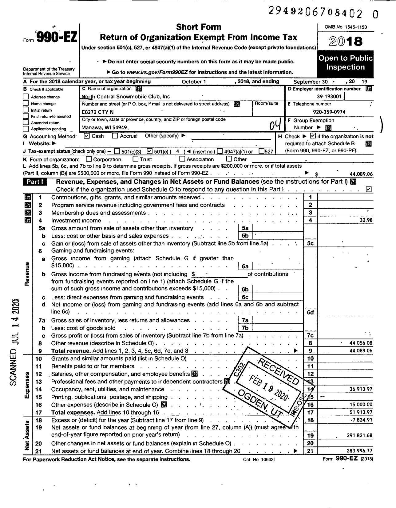 Image of first page of 2018 Form 990EO for North Central Snowmobile Club