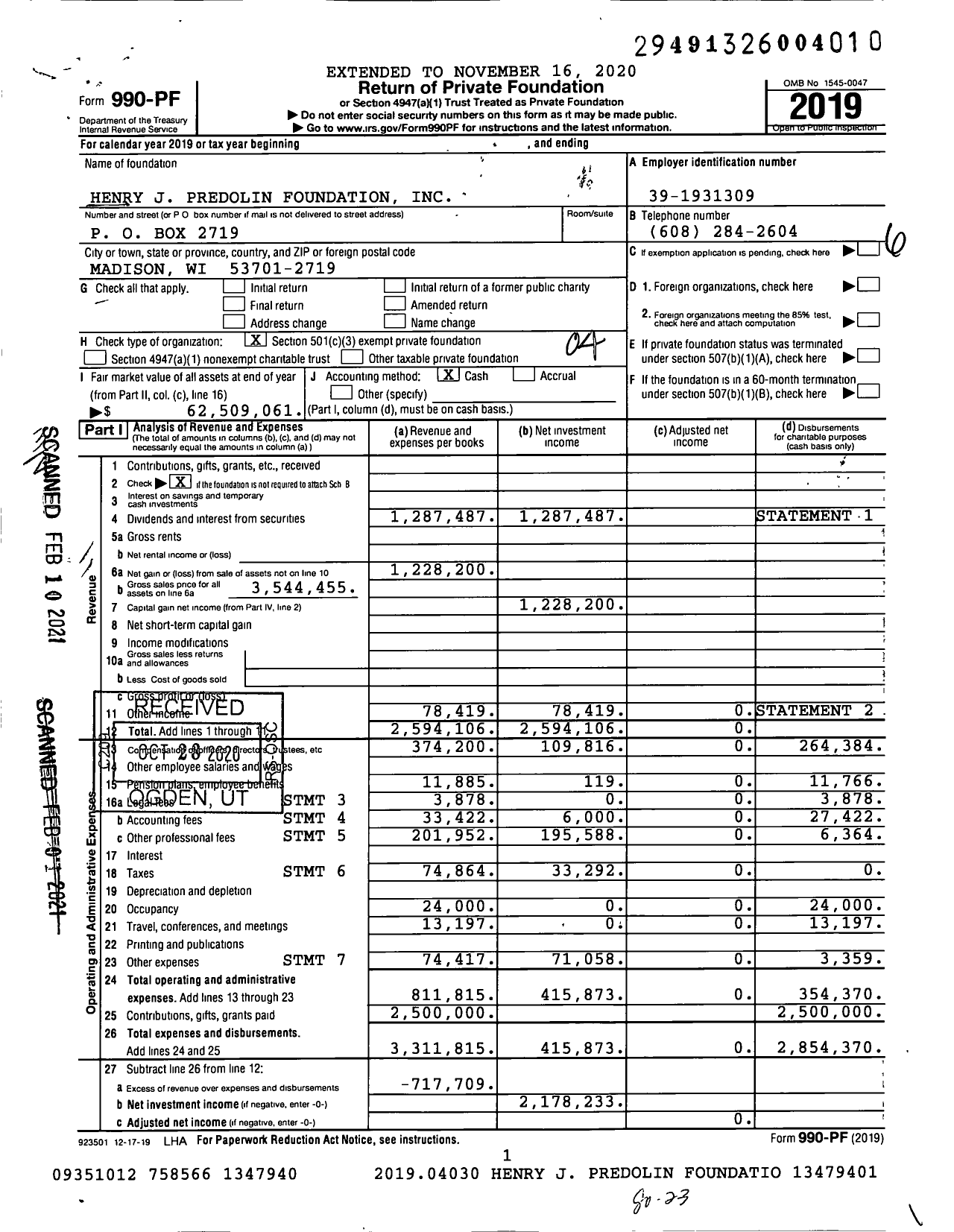 Image of first page of 2019 Form 990PF for Henry J. Predolin Foundation