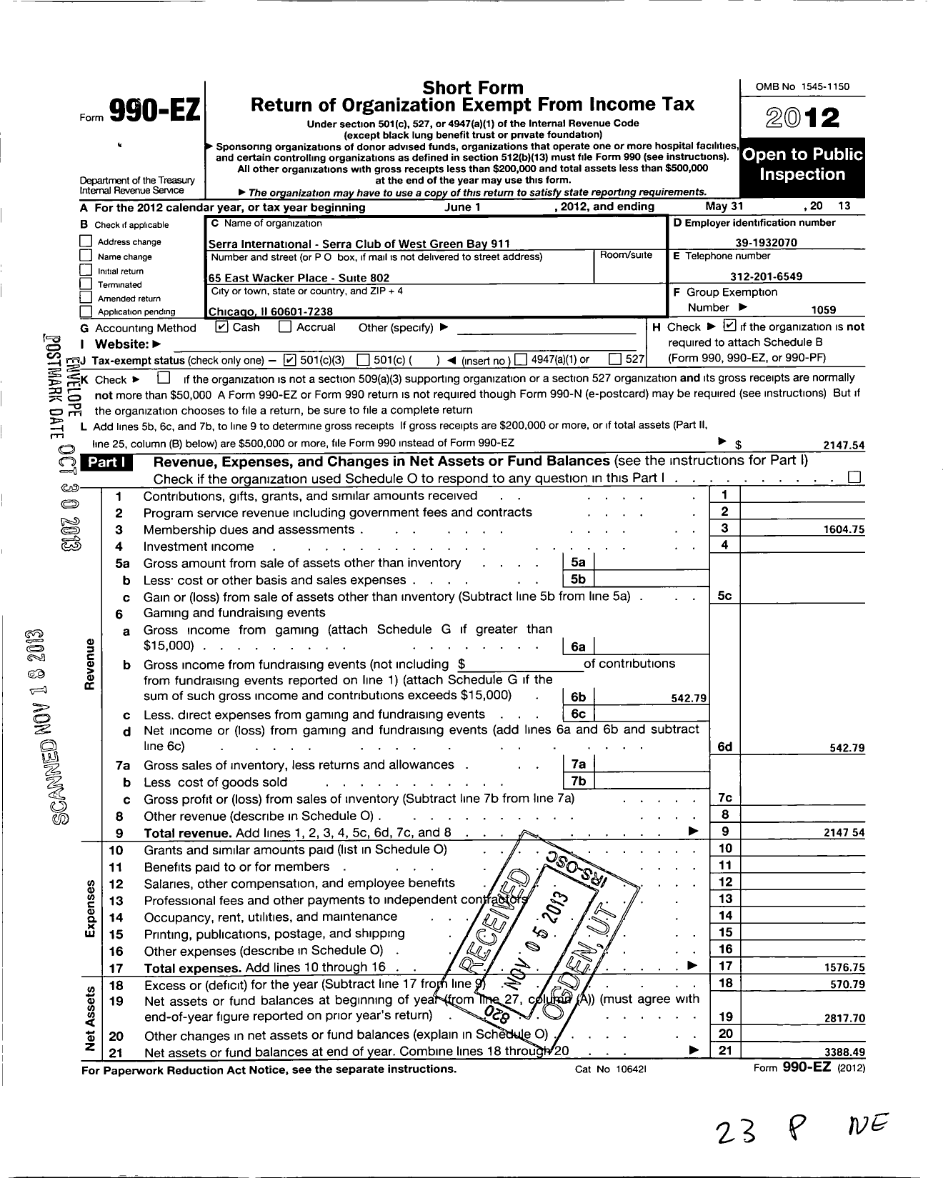 Image of first page of 2012 Form 990EZ for Serra International - 911 West Green Bay