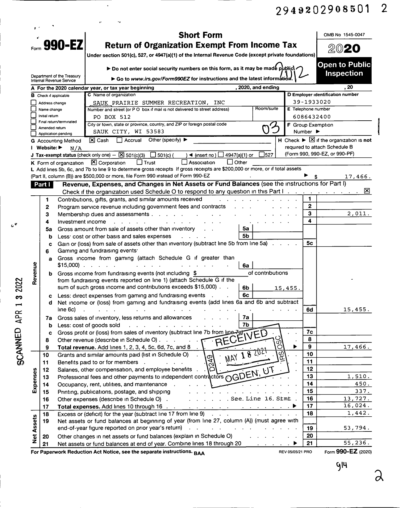 Image of first page of 2020 Form 990EZ for Sauk Prairie Summer Recreation