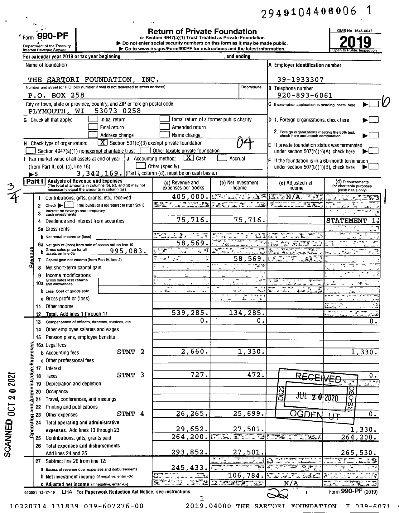 Image of first page of 2019 Form 990PF for The Sartori Foundation