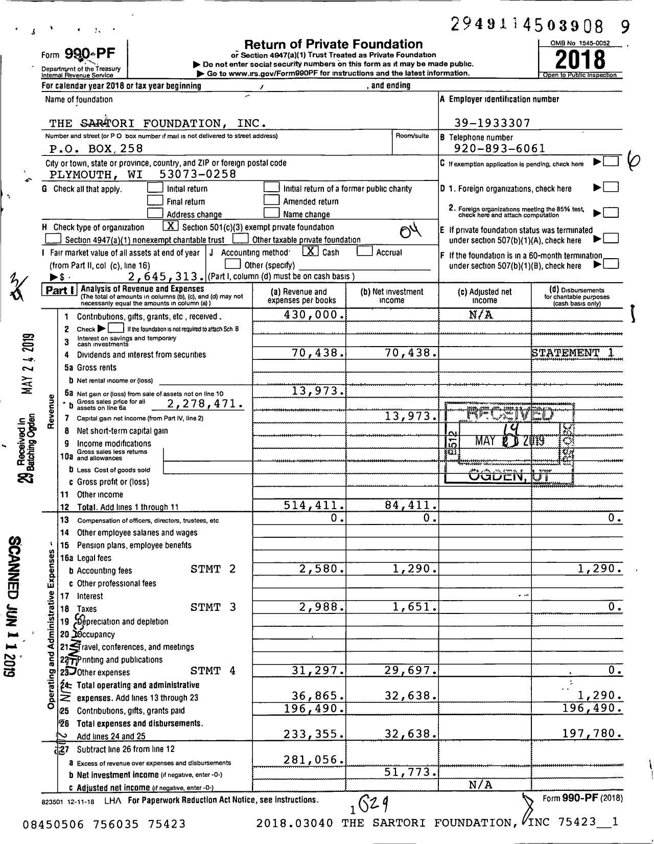 Image of first page of 2018 Form 990PF for The Sartori Foundation