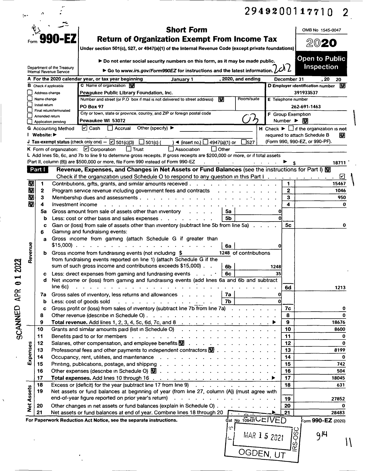 Image of first page of 2020 Form 990EZ for Pewaukee Public Library Foundation