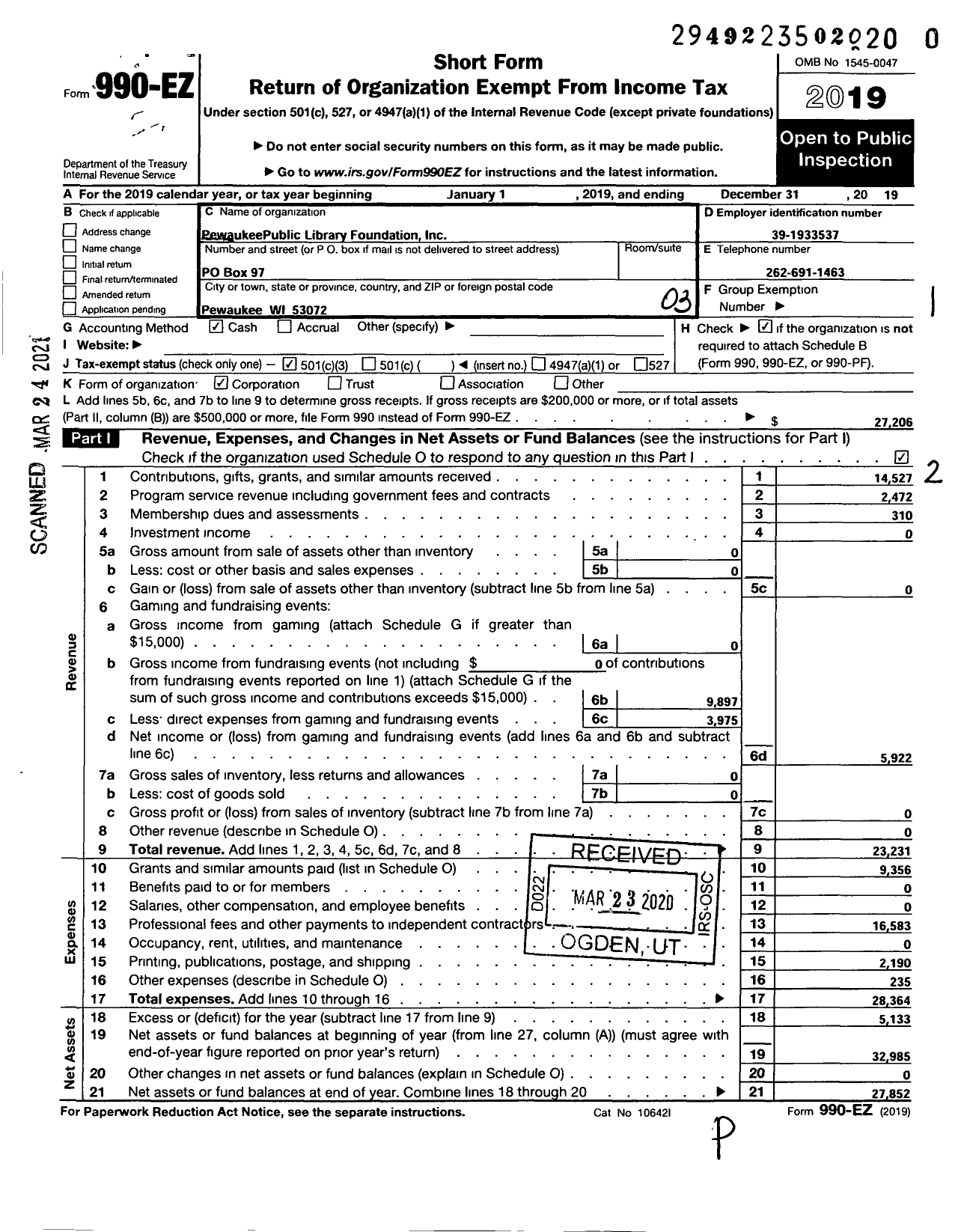 Image of first page of 2019 Form 990EZ for Pewaukee Public Library Foundation