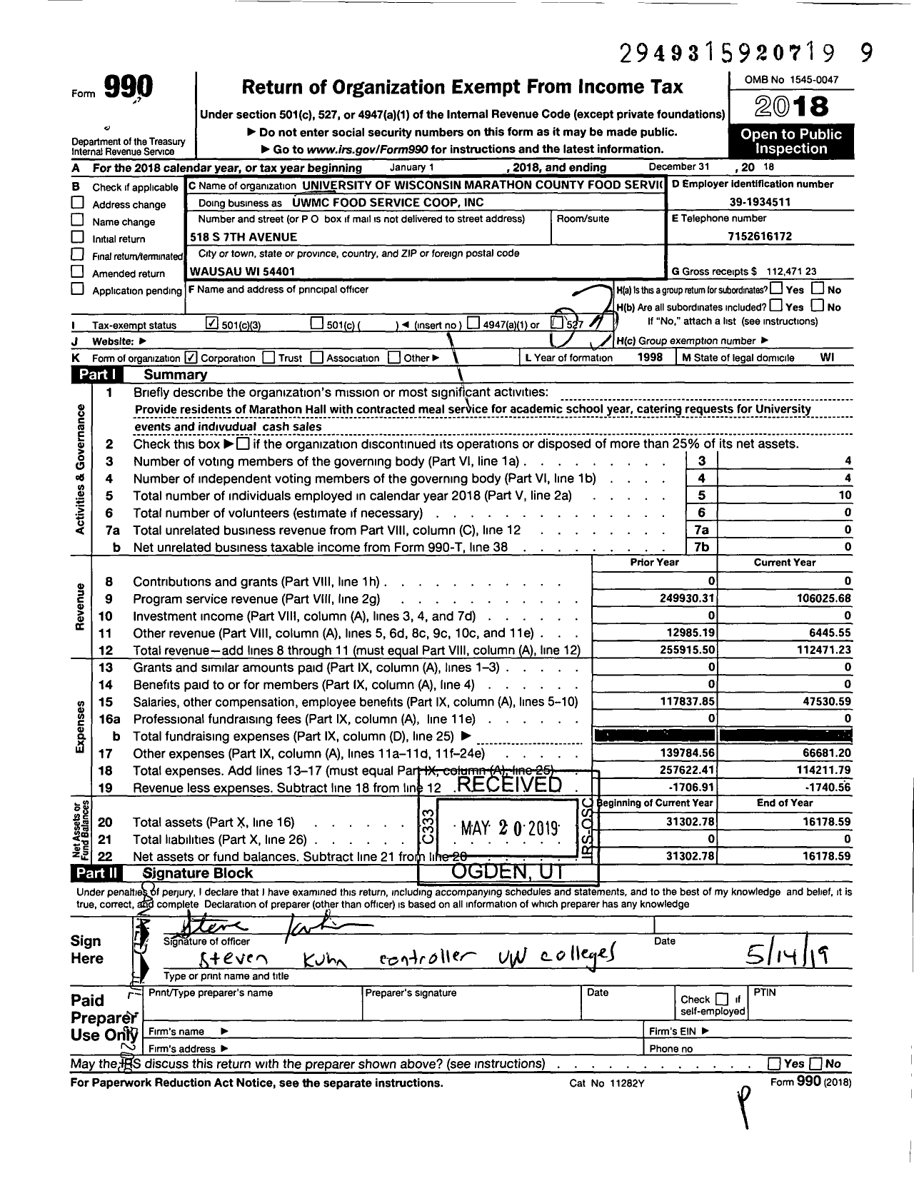Image of first page of 2018 Form 990 for University of Wisconsin Marathon County Food Service