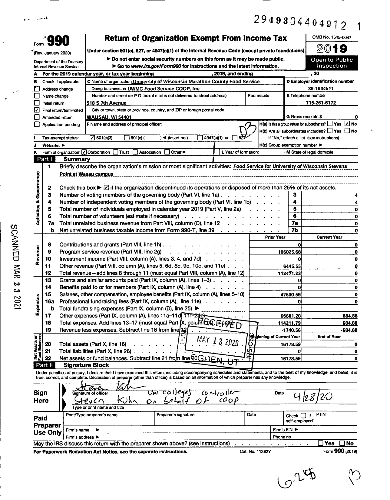 Image of first page of 2019 Form 990 for University of Wisconsin Marathon County Food Service