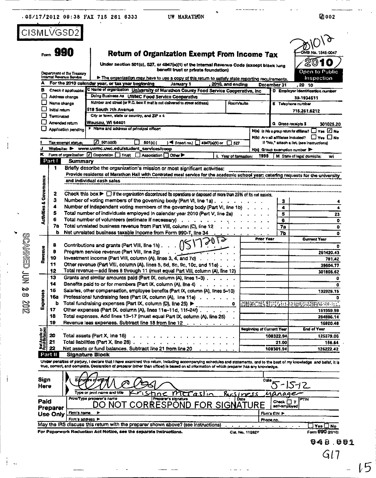 Image of first page of 2010 Form 990 for University of Wisconsin Marathon County Food Service
