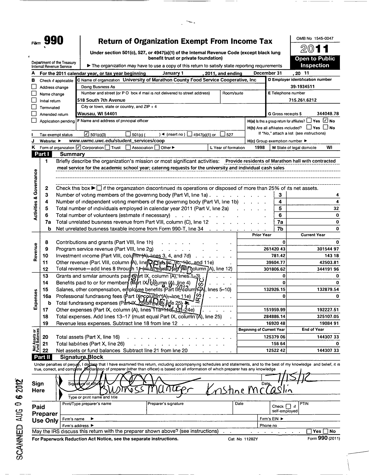 Image of first page of 2011 Form 990 for University of Wisconsin Marathon County Food Service