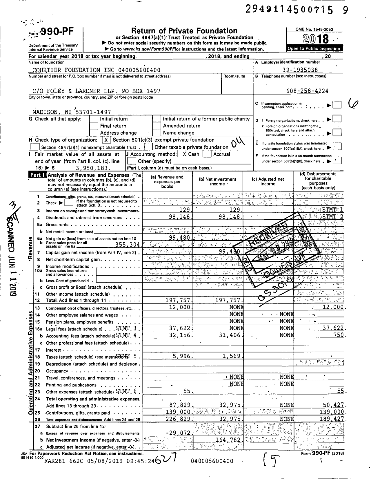 Image of first page of 2018 Form 990PF for Courtier Foundation