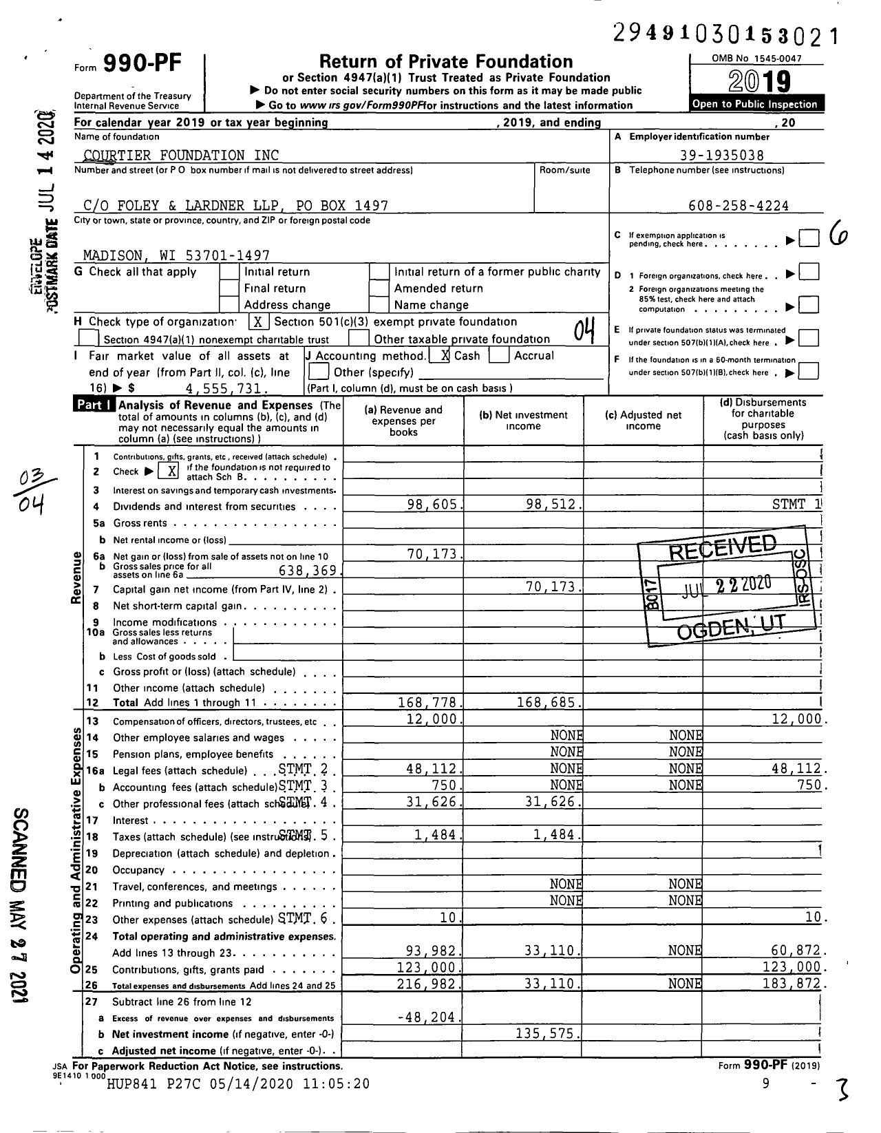 Image of first page of 2019 Form 990PF for Courtier Foundation