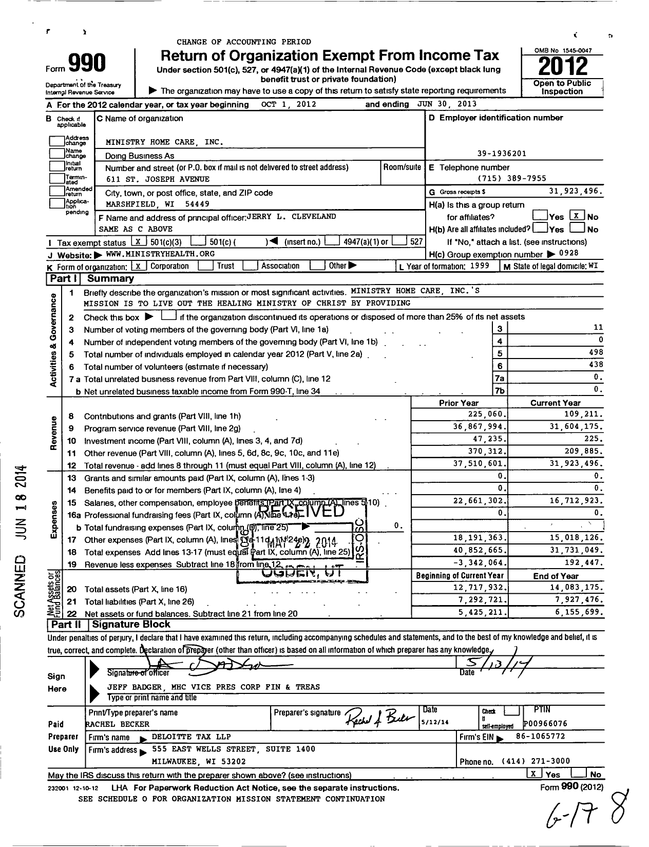 Image of first page of 2012 Form 990 for Ministry Home Care