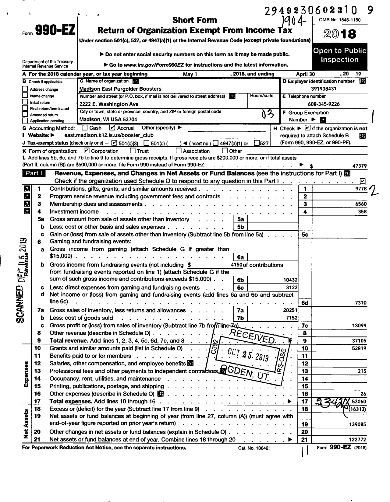 Image of first page of 2018 Form 990EZ for Madison East High School Purgolder Boosters