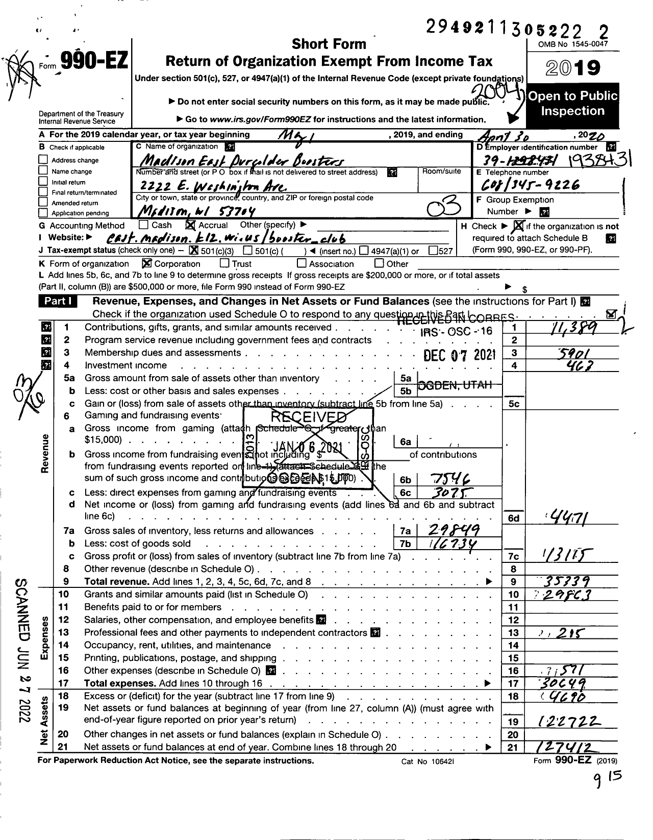 Image of first page of 2019 Form 990EZ for Madison East High School Purgolder Boosters