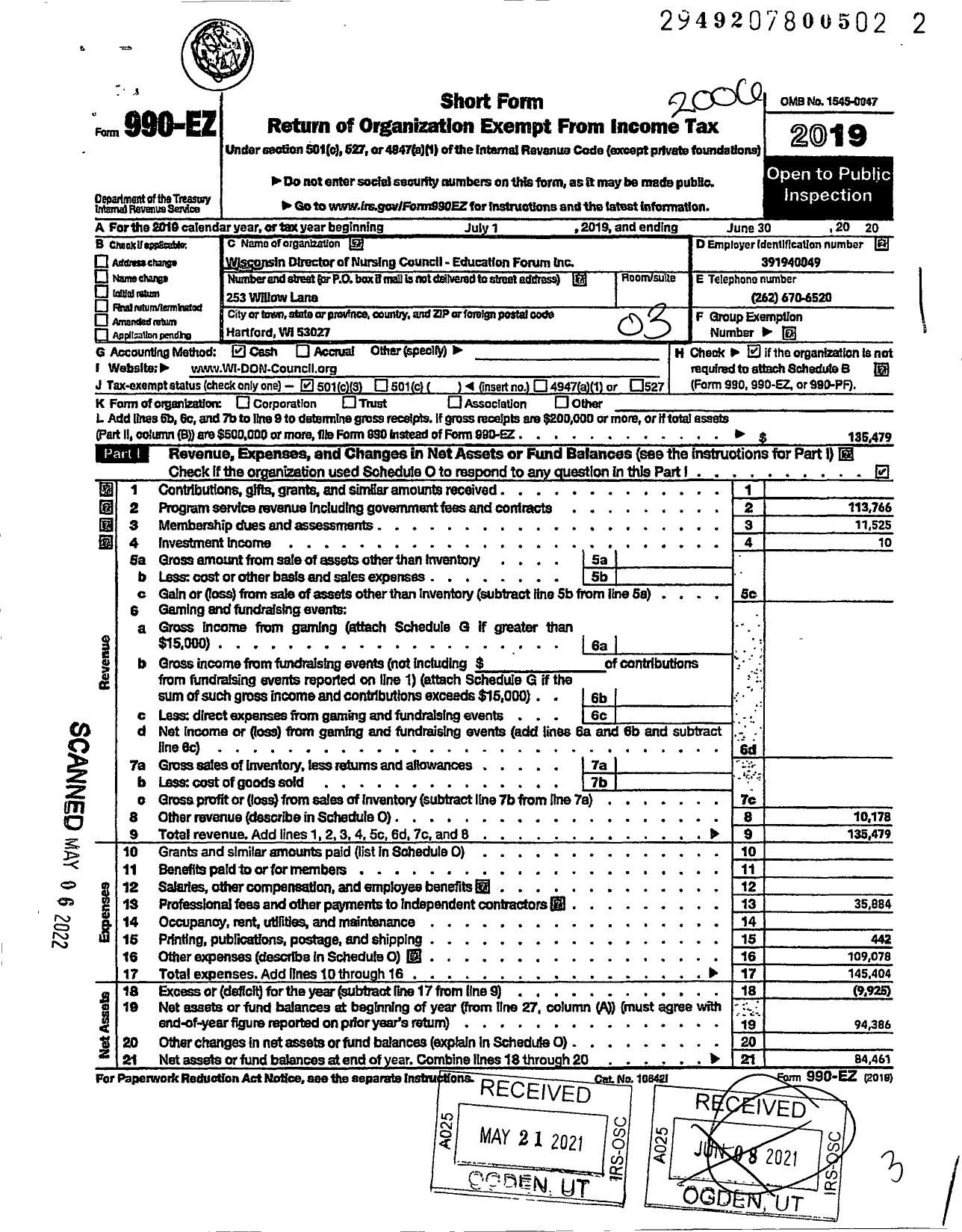 Image of first page of 2019 Form 990EZ for Wisconsin Director of Nursing Council Education Forum