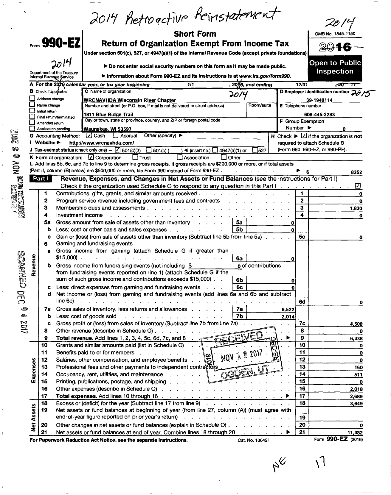 Image of first page of 2015 Form 990EZ for WRC Navhda Wisconsin River Chapter No American Versatile Hunting Dog