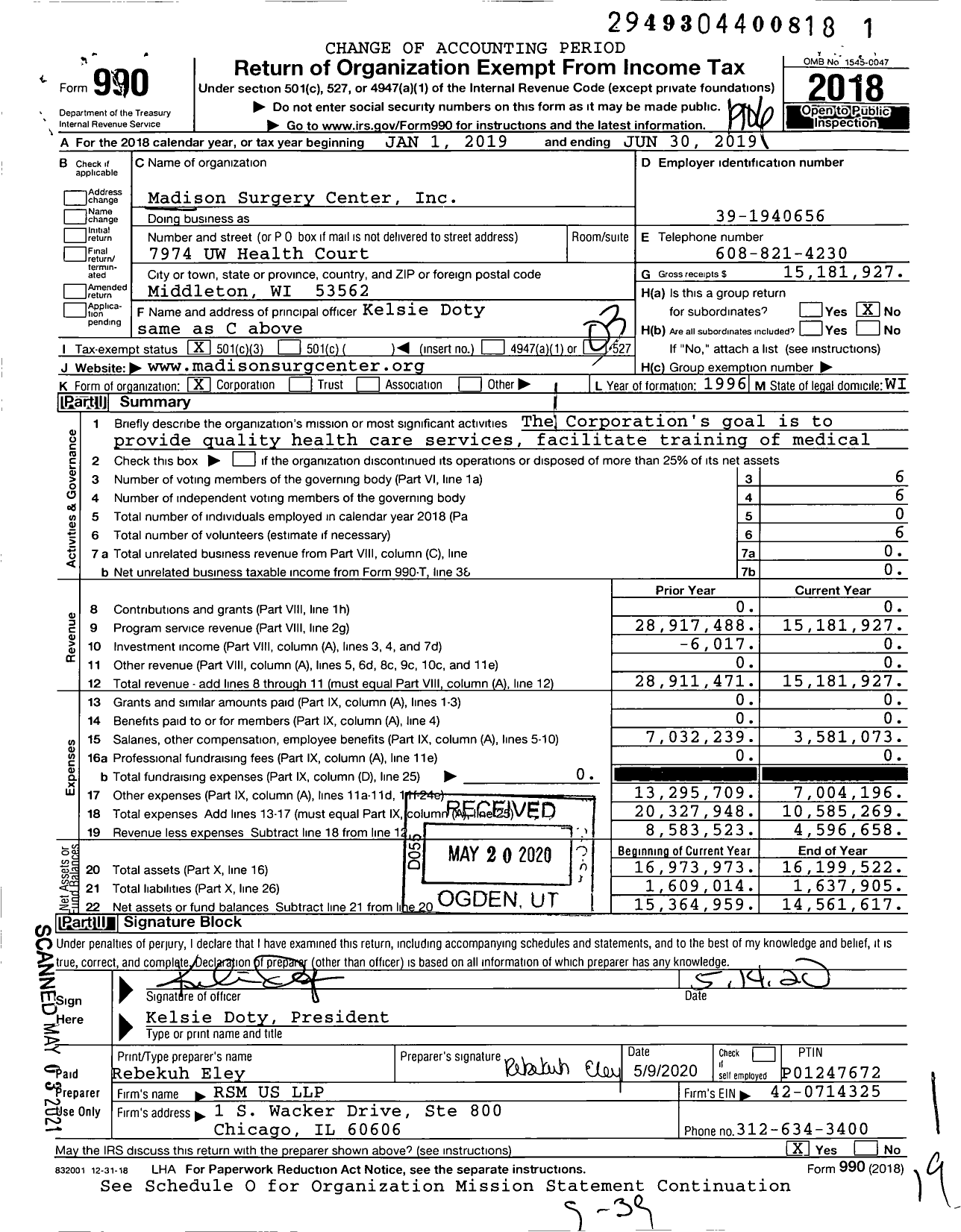 Image of first page of 2018 Form 990 for Madison Surgery Center (MSC)